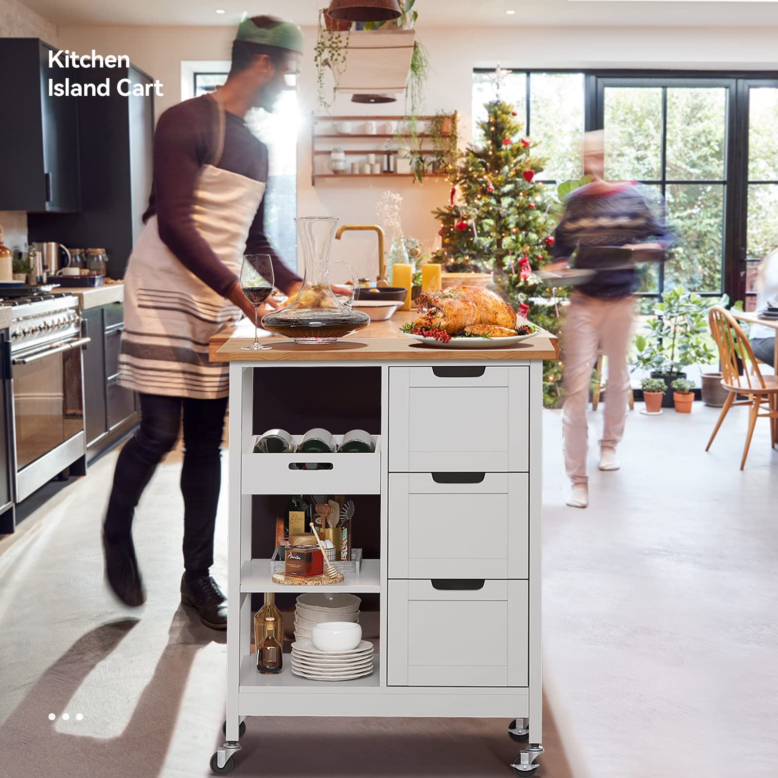 Yitahome Small Solid Wood Top Kitchen Island Cart On Wheels With Storage, Rolling Portable Dining Room Serving Utility Carts Mobile Movable With 3 Drawers Cabinet, Oak & White