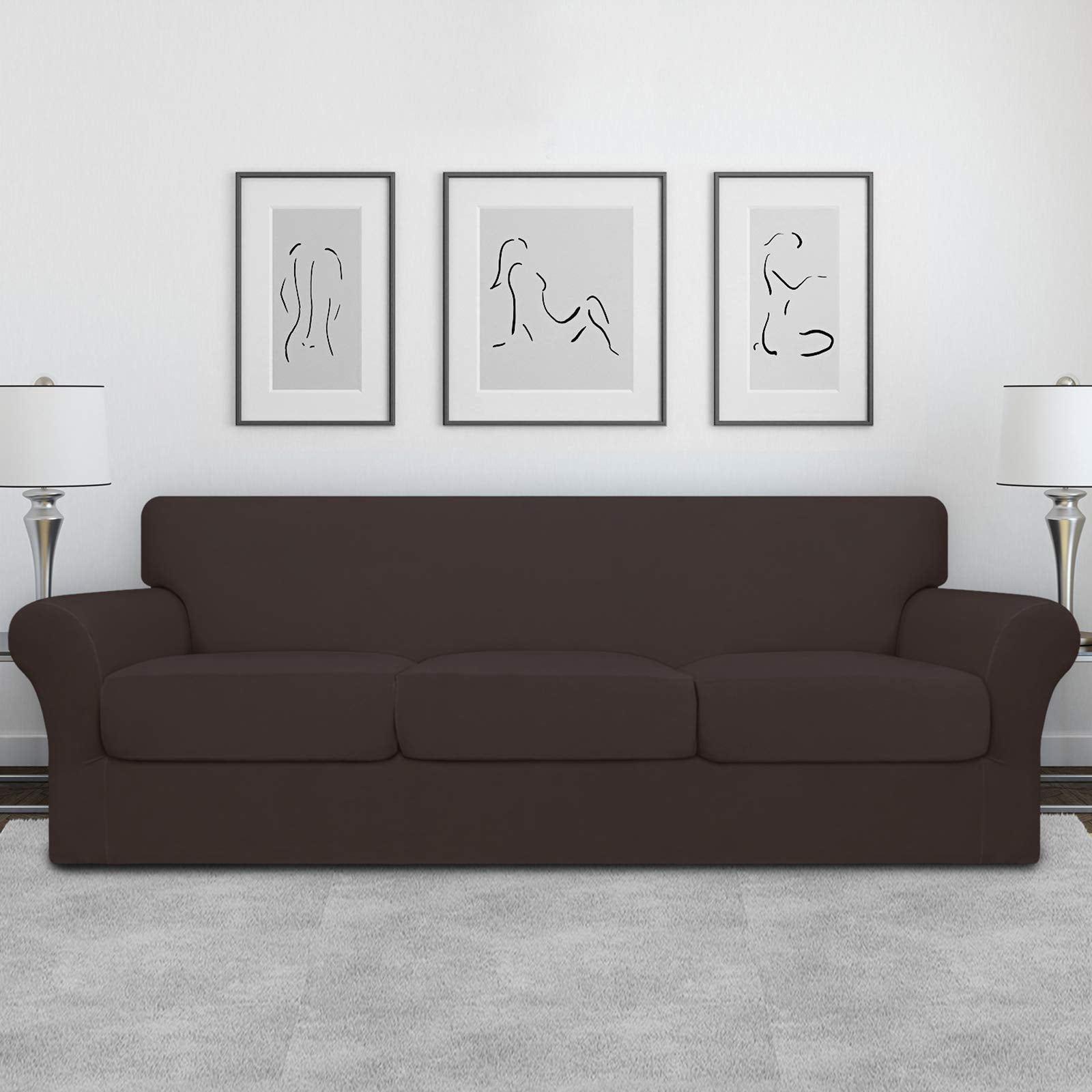 Easy-Going 4 Pieces Oversized Stretch Soft Couch Cover For Dogs - Washable Sofa Slipcover For 3 Separate Cushion Couch - Elastic Furniture Protector For Pets, Kids Chocolate