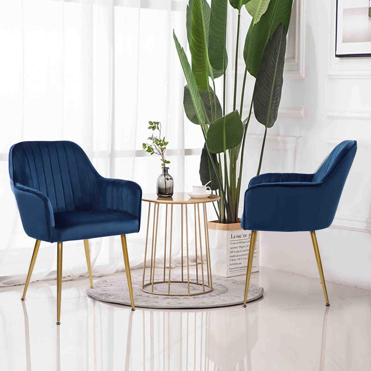 Thksbought Set Of 2 Velvet Dinning Chairs, Upholstered Accent Chairs With Gold Plating Legs For Living Room Chairs(Blue)
