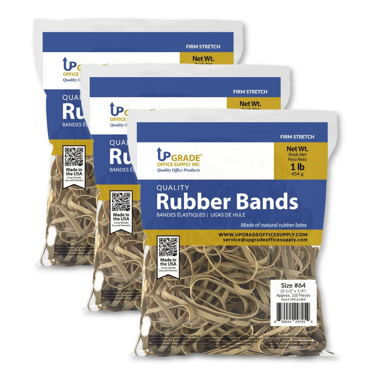 Upgrade Office Supply Rubber Bands, Size #64 (3-1/2    X 1/4   ), 3-Pack, 1 Lb Bags, 960 Count, Made In Usa