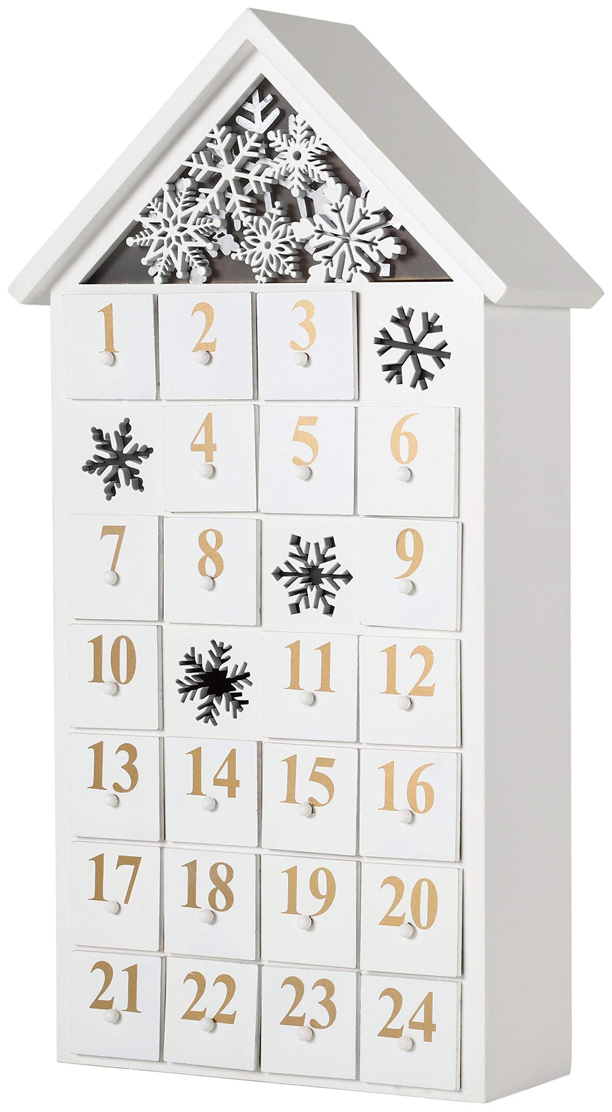 BRUBAKER Reusable Wooden Advent Calendar to Fill - White Snow House with LED Lighting - DIY Christmas Calendar 9.57 x 17.72 x 3.