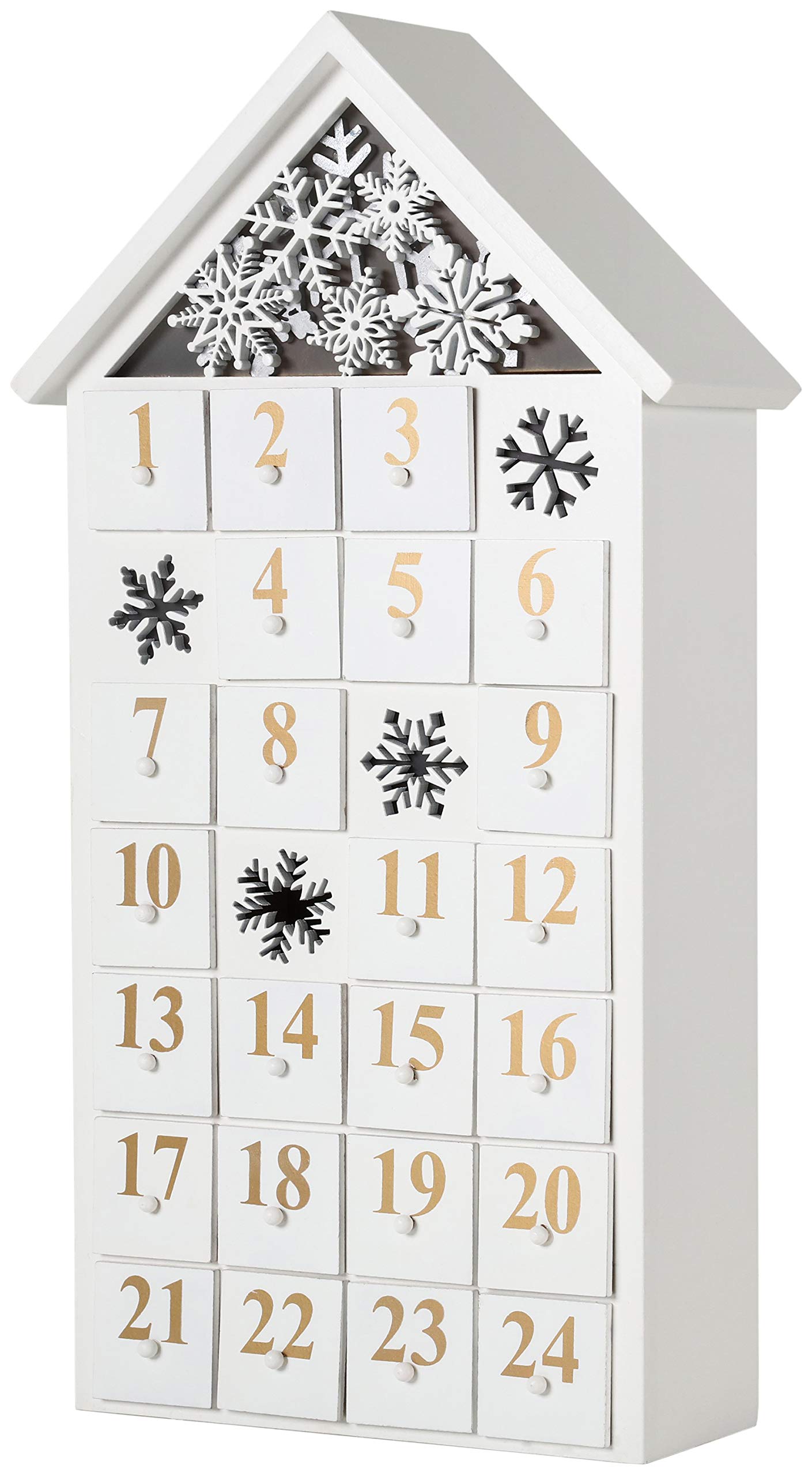 BRUBAKER Reusable Wooden Advent Calendar to Fill - White Snow House with LED Lighting - DIY Christmas Calendar 9.57 x 17.72 x 3.