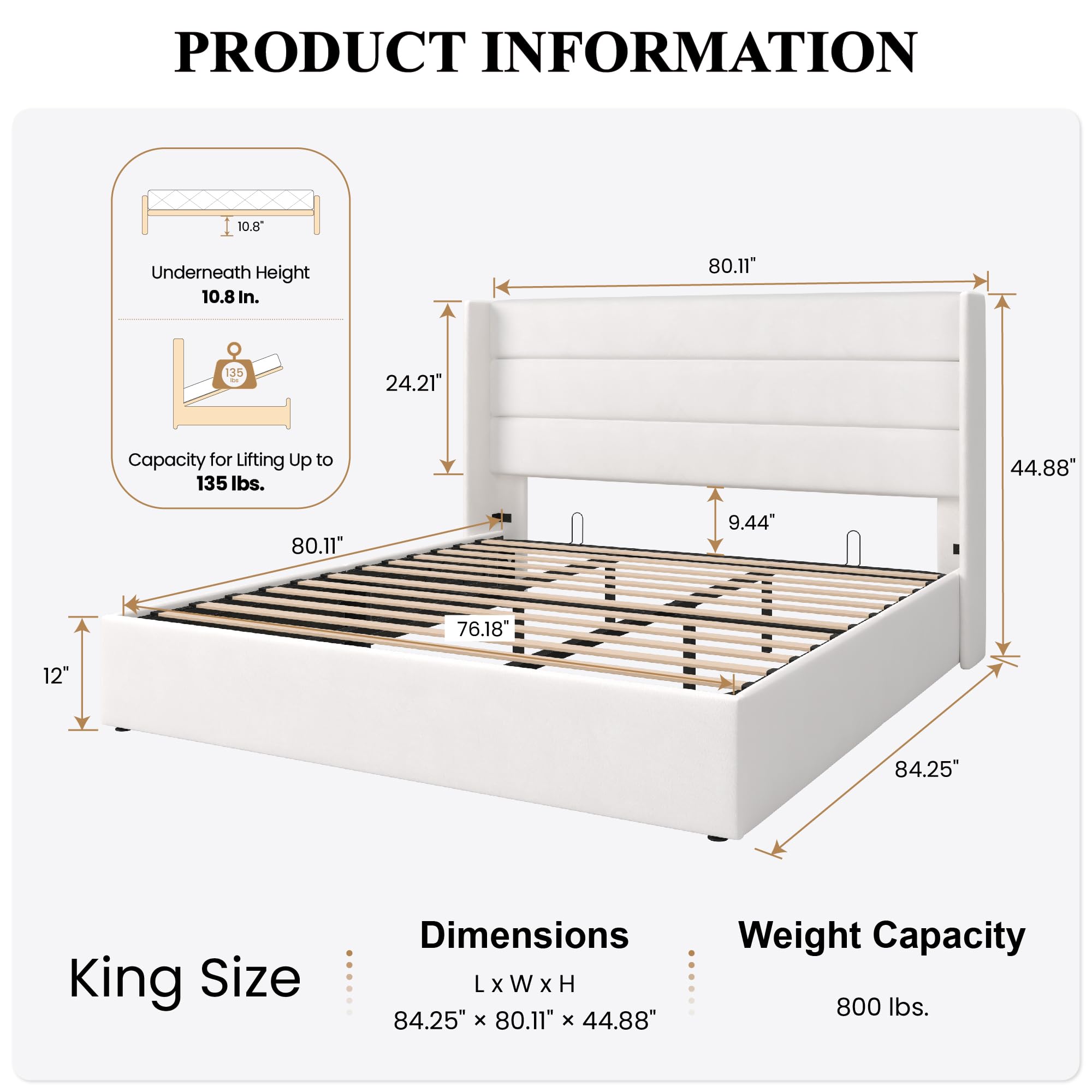 Sha Cerlin King Size Lift Up Storage Bed/Velvet Upholstered/Modern Wingback Headboard/Upholstered Platform Bed Frame/Hydraulic Storage/No Box Spring Needed/White