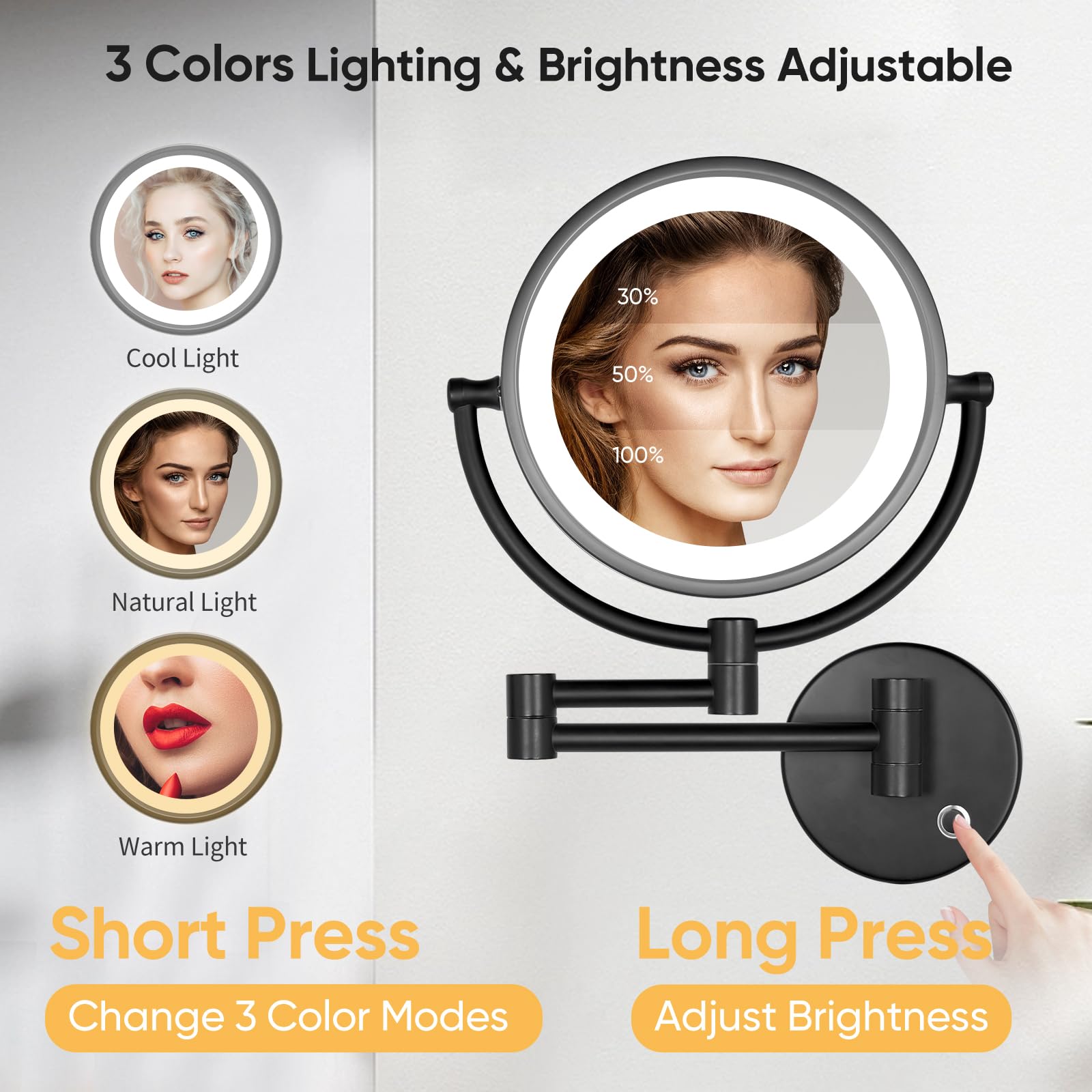 Gurun 8.5 Inch Magnifying Makeup Mirror With 3 Dimmable Led Lights Double Sided Touch Control Vanity Mirror For Bathroom With 10