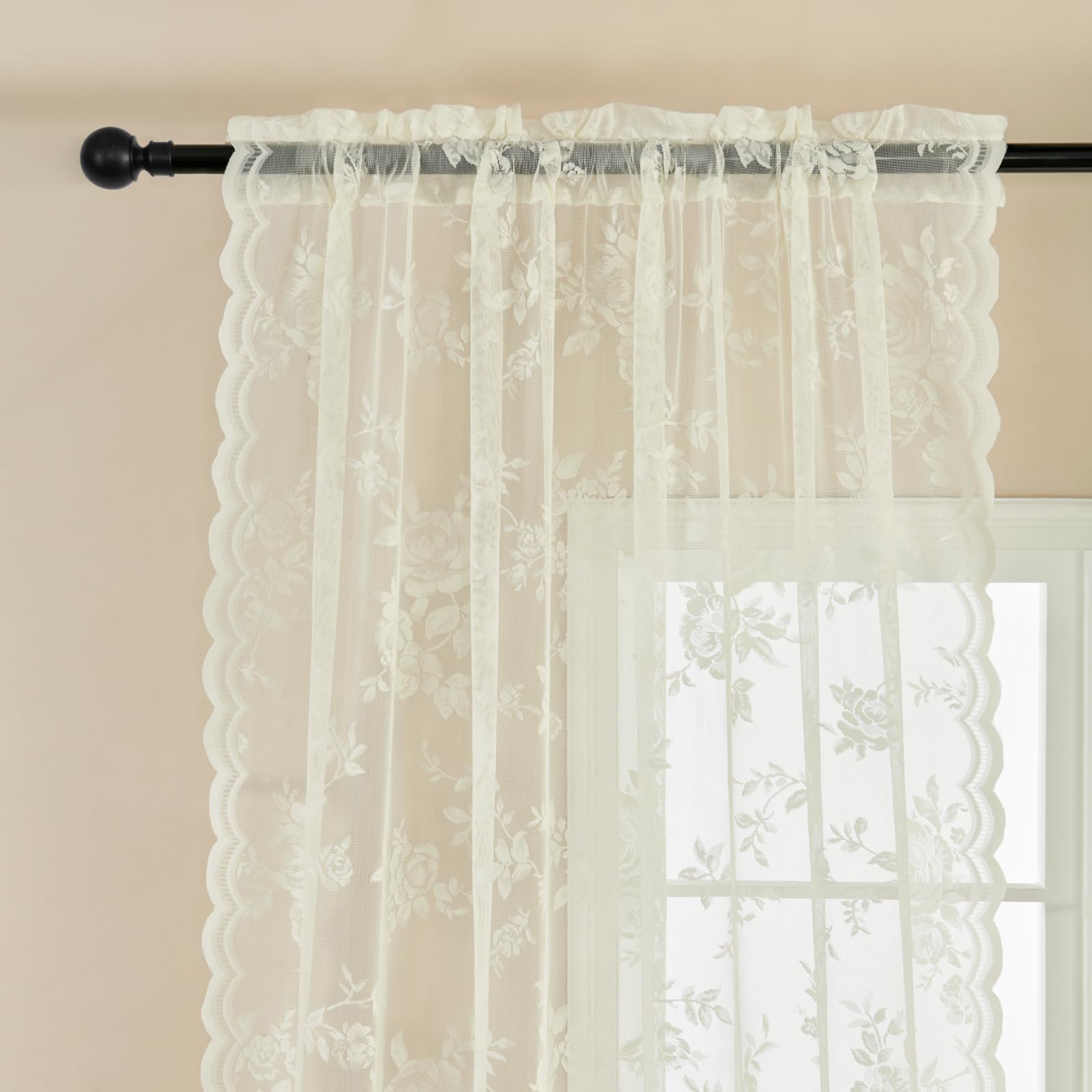 SEEKRIGHT Ivory Lace Curtains 52x45 Inch, Victorian Floral Sheer Rod Pocket Panels for Nursery, Cafe, Kitchen - 2 Pack