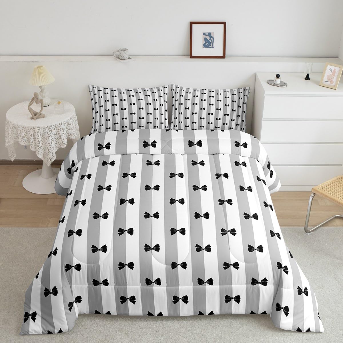 Feelyou Kids Girls Black Bow Comforter Set,Grey And White Stripe Bow Bedding Set Full Size,Kawaii Bowknot Comforter,Cute Soft Be