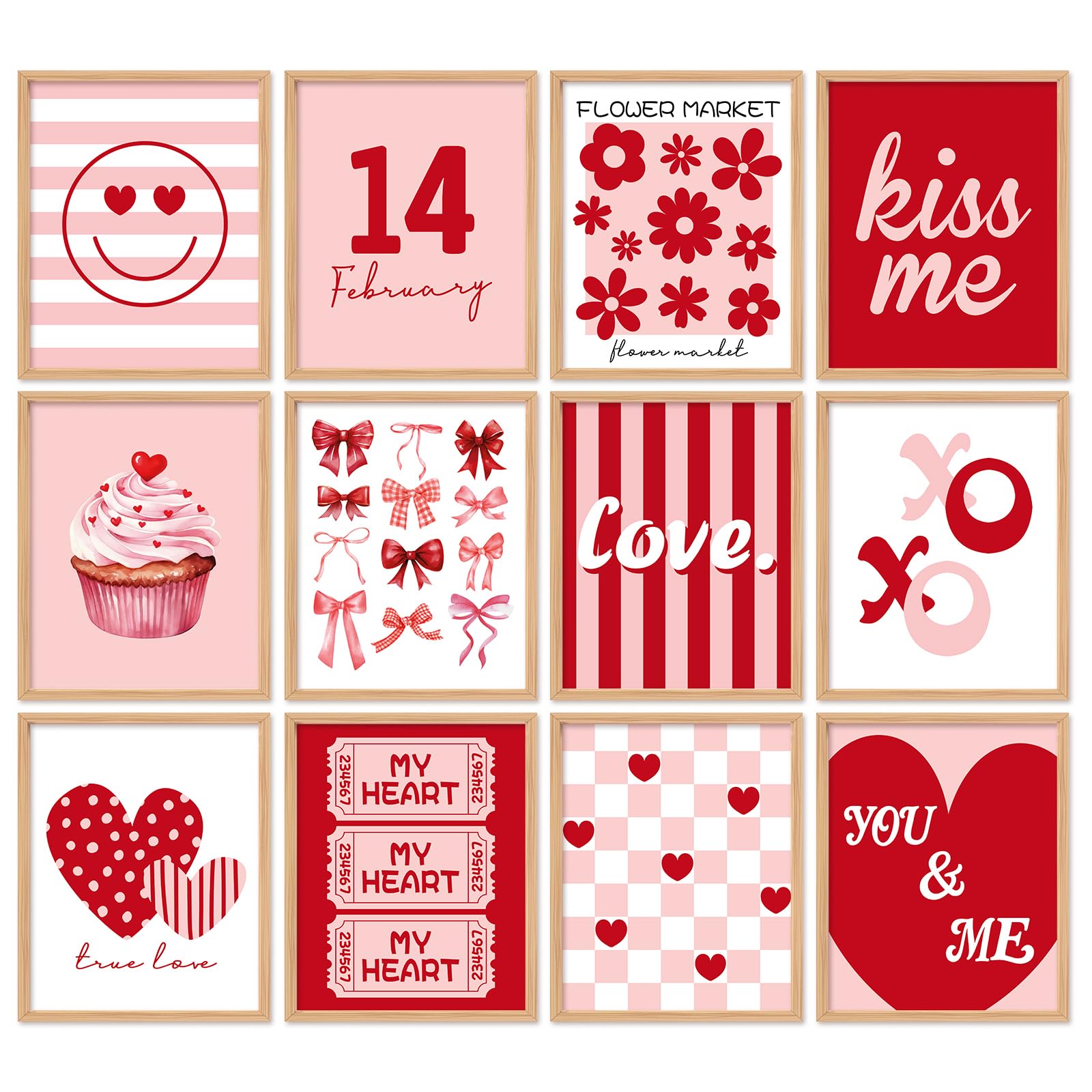 FYSUIMU 12Pcs Valentine  s Day Wall Art Prints Wall Decor Red Boho Love Heart Bow Floral Art Poster for Wedding Anniversary Gal