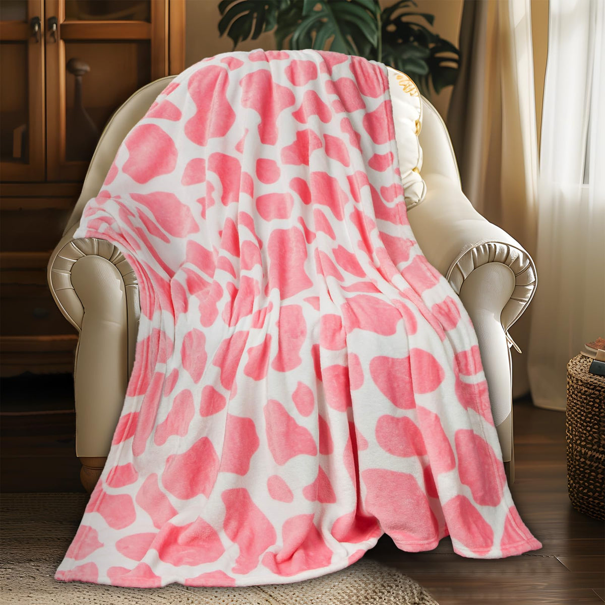 Macevia Strawberry Cow Print Blanket For Couch, Flannel Fleece Cow Print Stuff, Cute Throw Blankets For Bed Sofa, Soft Cozy Warm
