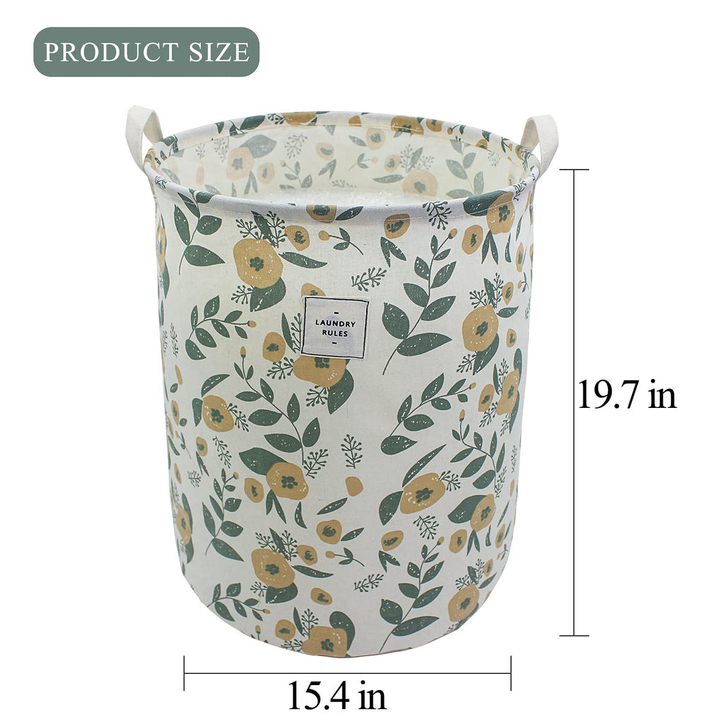 Mziart Collapsible Laundry Basket, Floral Printing Large Laundry Hamper For Baby Girls Kids Toys Clothes Organizer Foldable Storage Bin Waterproof Canvas Nursery Storage Basket With Handles (Green)