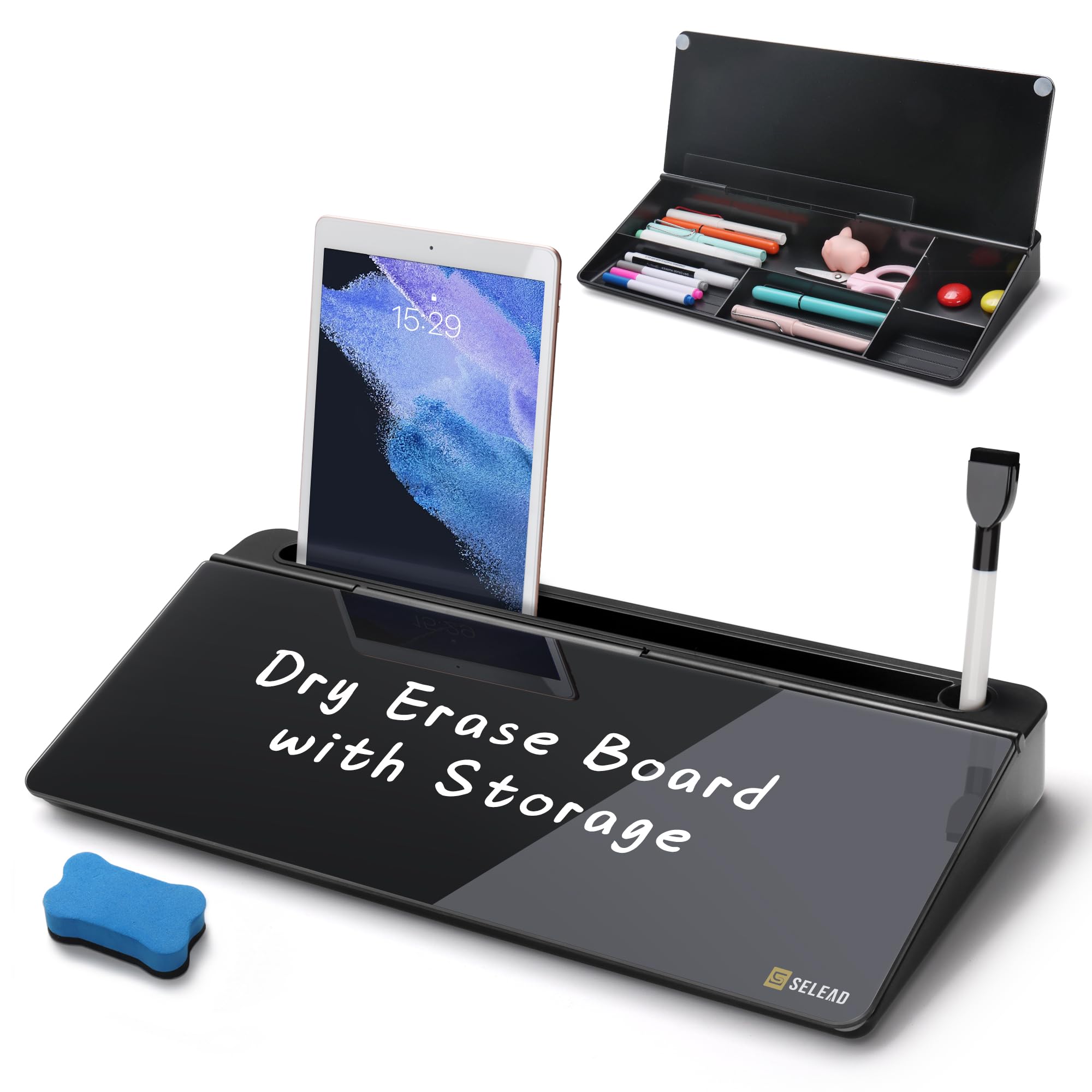 Selead Desktop Glass Whiteboard With Organizer, Markers, Eraser - Dry Erase Board Computer Pad Keyboard Stand With Drawer And Ho