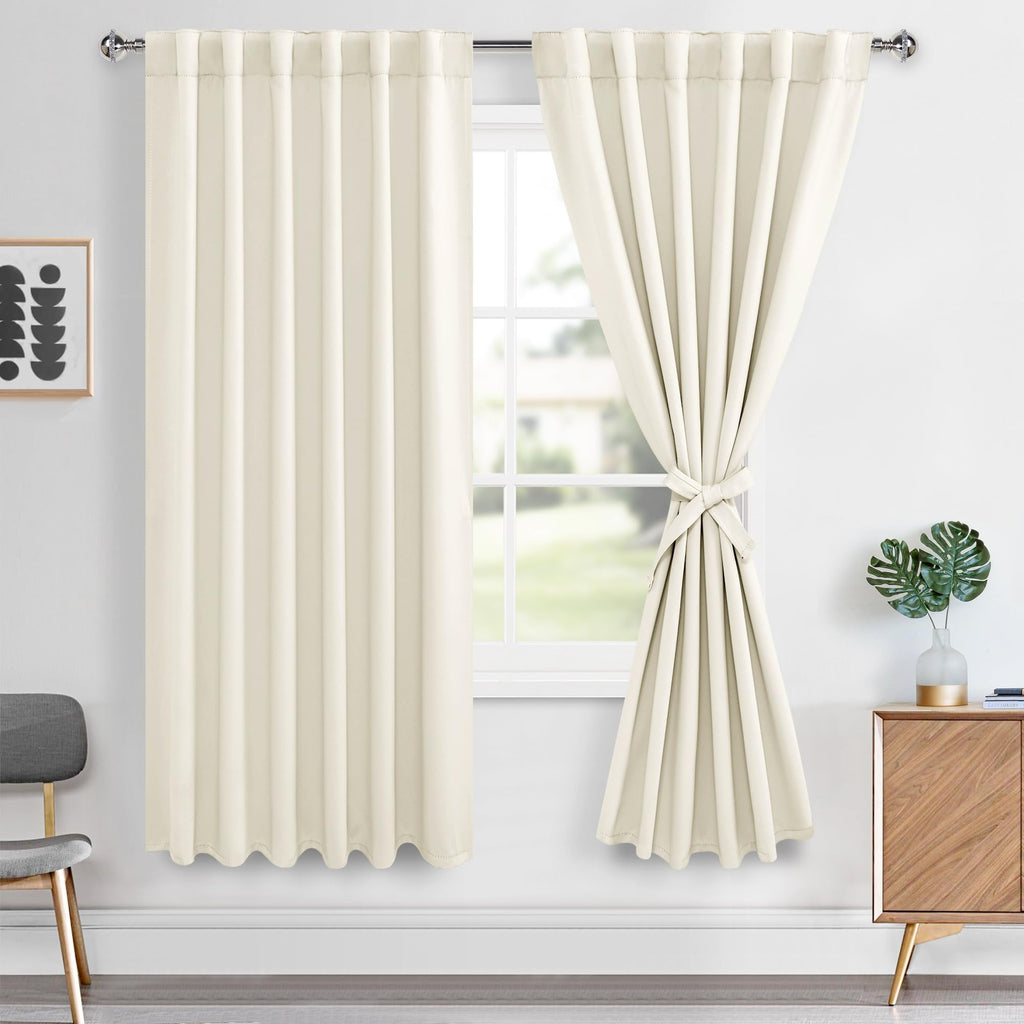 Hiasan Back Tab Room Darkening Curtains 2 Panels, Rod Pocket Ivory Blackout Curtains for Bedroom Living Room, Thermal Insulated 