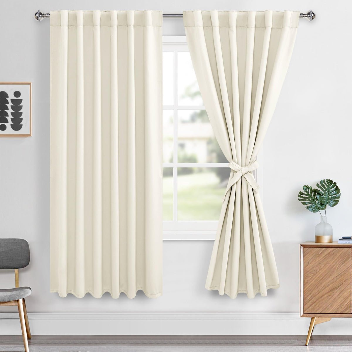 Hiasan Back Tab Room Darkening Curtains 2 Panels, Rod Pocket Ivory Blackout Curtains for Bedroom Living Room, Thermal Insulated 
