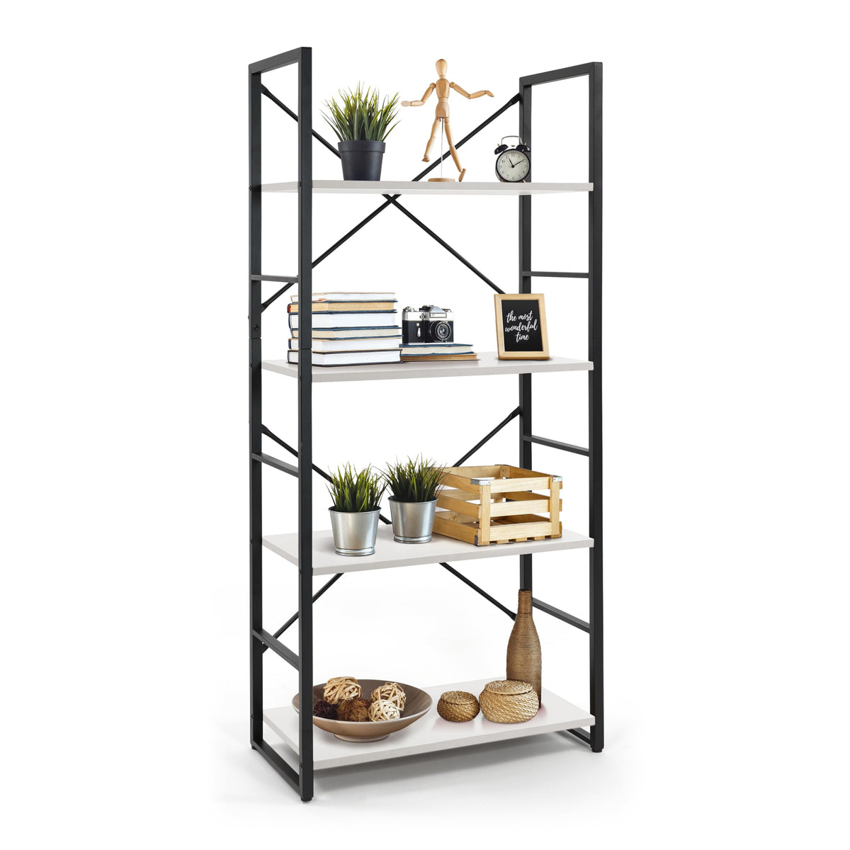 Caphaus 4 Tier Bookshelf, 24 Inch Width Free Standing Shelf, Bookcase Shelf Storage Organizer, Industrial Book Shelves For Home Office, Living Room, Kitchen, White Shelves & Metal Frame