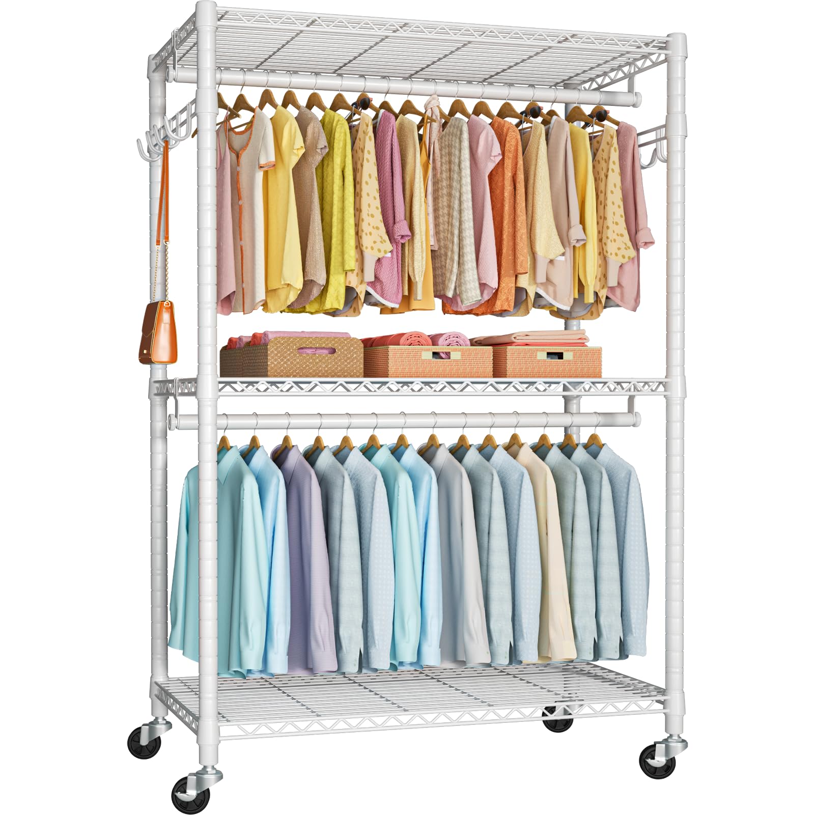 FUTASSI P1 Plus Rolling Clothes Rack, 22mm Diameter Heavy Duty Garment Rack with Wheels, Portable Closet Wardrobe with Double Ro