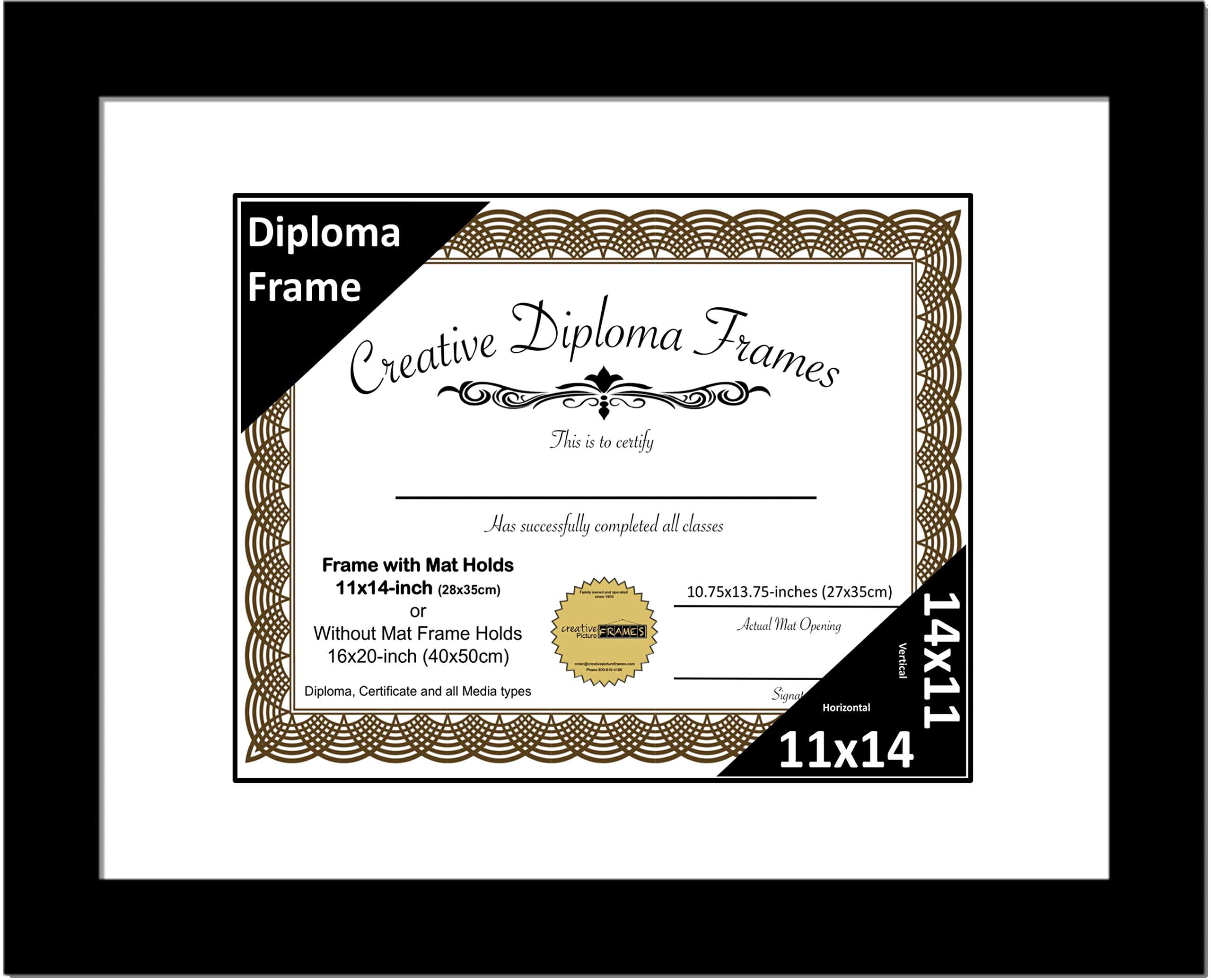 Creative Picture Frames 11x14 Classic Black Diploma Frame with White Mat Glass Easel and Installed Wall Hangers | Frame Holds 16
