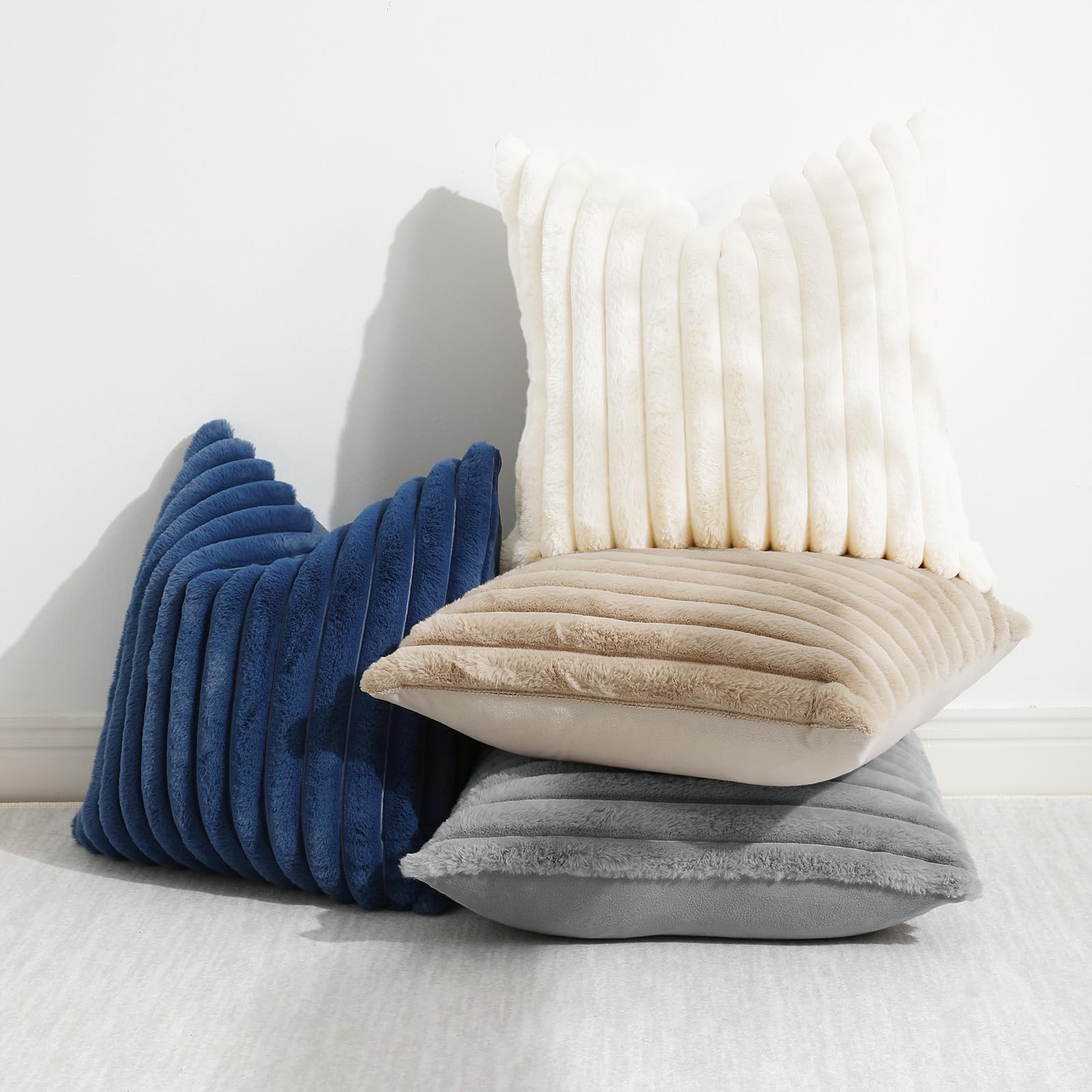 Decoruhome Faux Fur Throw Pillow Covers 12X20 Set Of 2, Decorative Soft Plush Striped Lumbar Couch Pillow Covers With Velvet Back For Sofa, Bed, Living Room, Blue