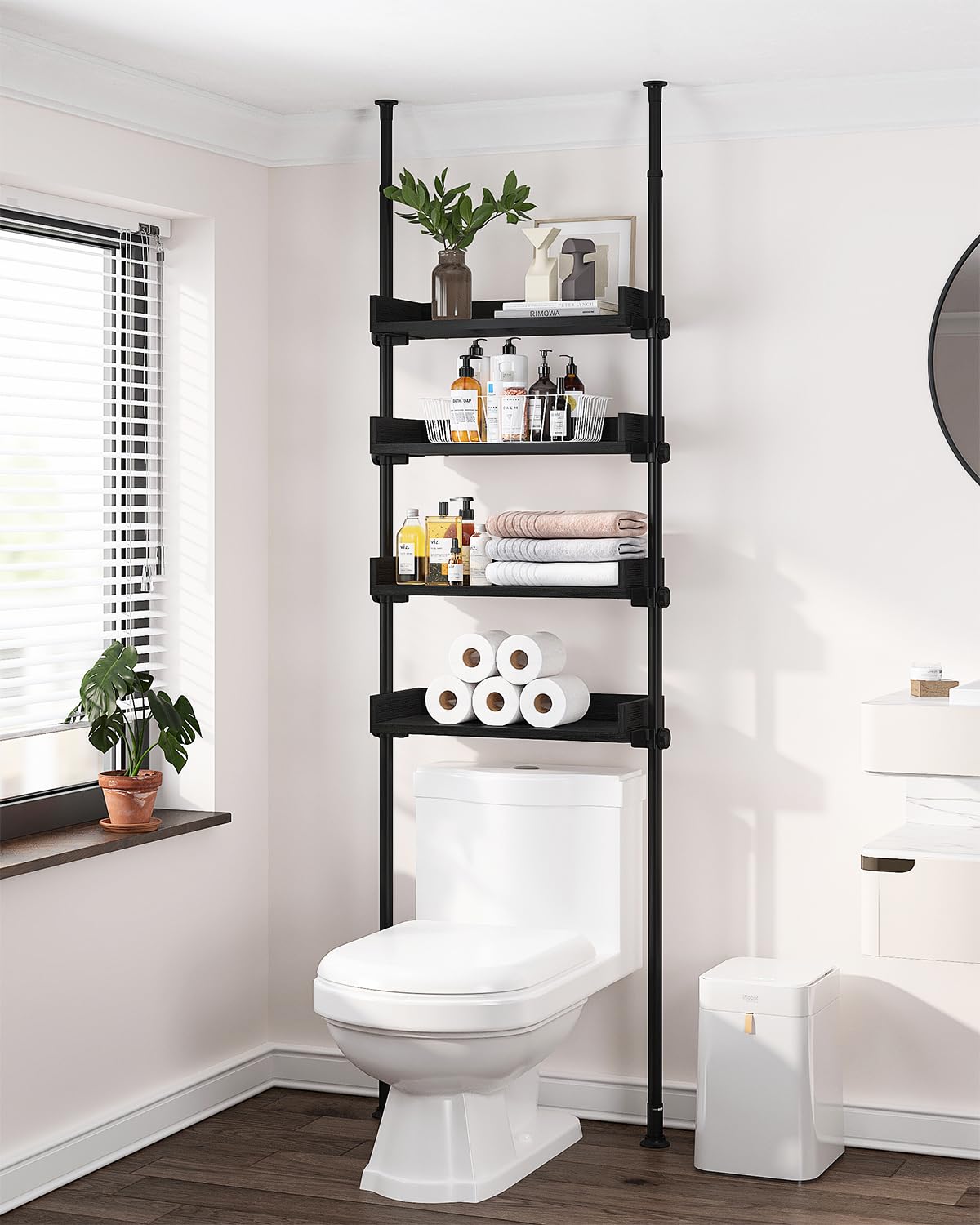Allzone Adjustable Over The Toilet Storage Cabinet,Tension Mount Bathroom Organizers And Storage Over Toilet With 4 Adjustable Shelves,Over Toilet Bathroom Organizer Fit 92-116 Inch Tall,Black