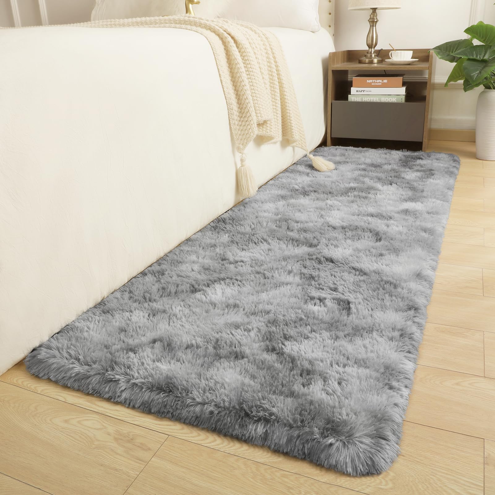 DETUM Grey Bedroom Rug 2X6 Runner Rugs, Tie-Dyed Fluffy Area Rugs for Hallyway Entryway Kitchen Bedside Soft Kids Room Rugs Furr