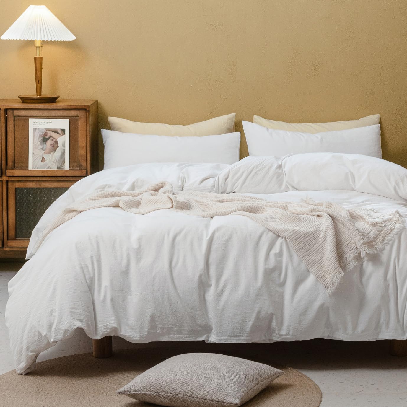 Fossa White Duvet Cover Set, 100% Washed Cotton Linen Feel Super Soft Breathable Cozy Simple Style 2 Pieces Bedding Sets Solid O