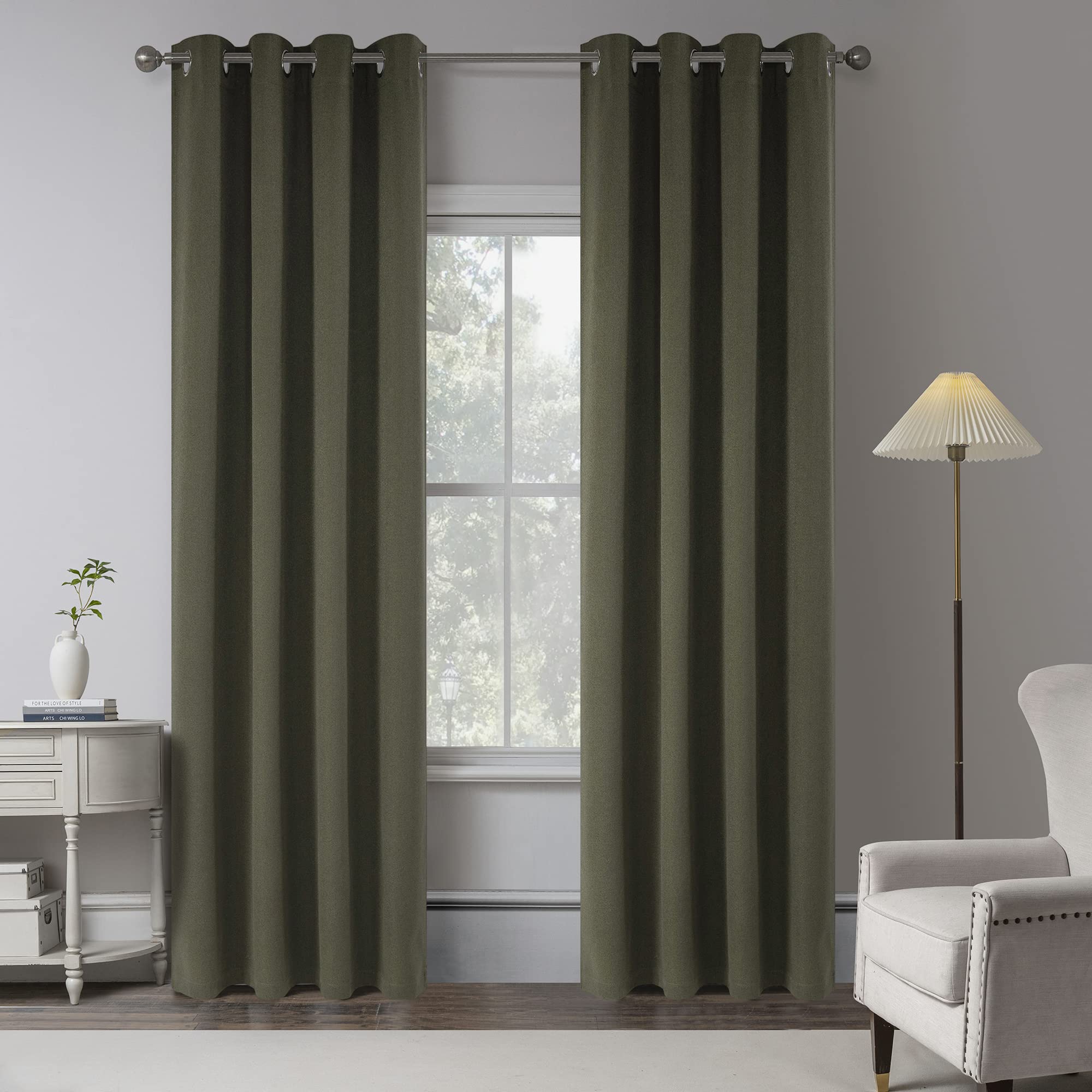 Keqiaosuocai Olive Green 100% Blackout Linen Curtains 96 Inches Long 2 Panels For Bedroom,Modern Farmhouse Full Black Out Room D