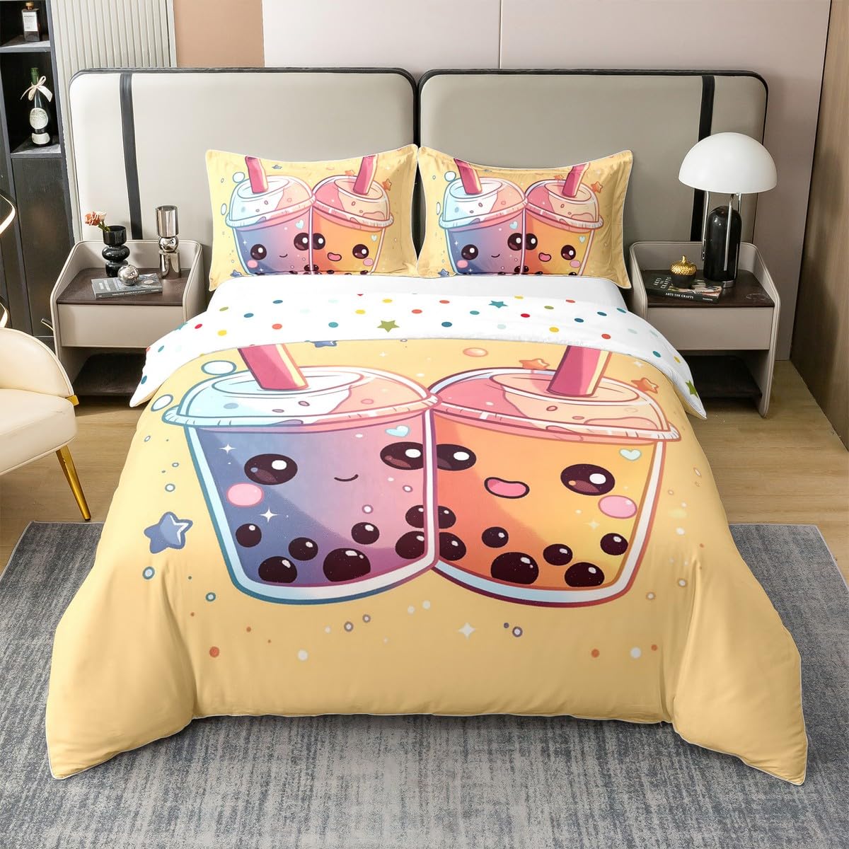 Feelyou Bubble Tea Duvet Cover 100% Cotton King Size Boys Girls Boba Tea Bedding Set Breathable Soft Colorful Comforter Cover 3P
