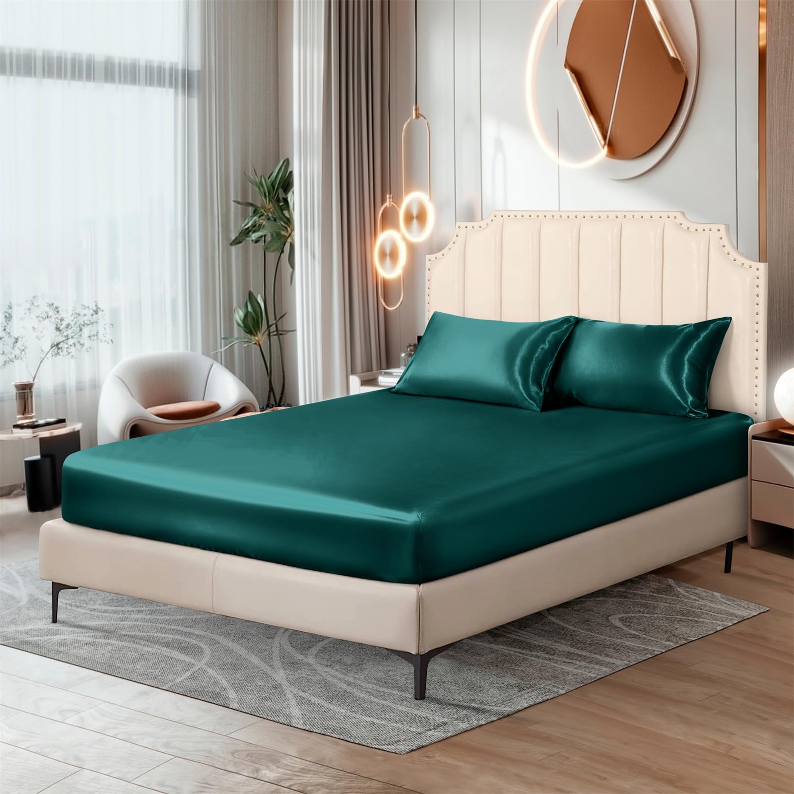 Ersmak Silk Satin Fitted Sheet, Soft Deep Pocket Bottom Luxury Queen Fitted Sheet, Wrinkle Free, Breathable, Fade Resistant - Te