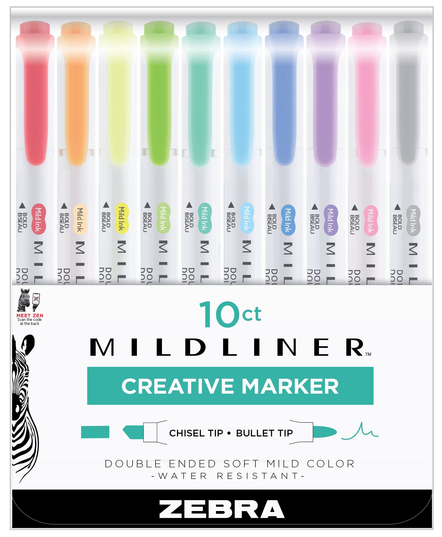 Zebra Pen Mildliner Double Ended Highlighter Set, Broad And Fine Point Tips, Assorted Fluorescent And Cool Ink Colors, 10-Pack
