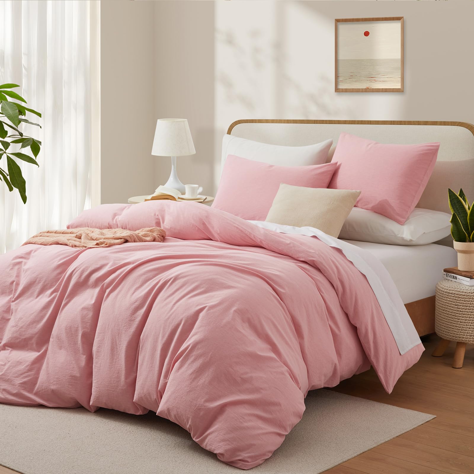 Lovque Pink Duvet Cover Full Size, 100% Washed Cotton Linen Like Bedding Set With Zipper Closure (No Comforter), 80X90 Inches