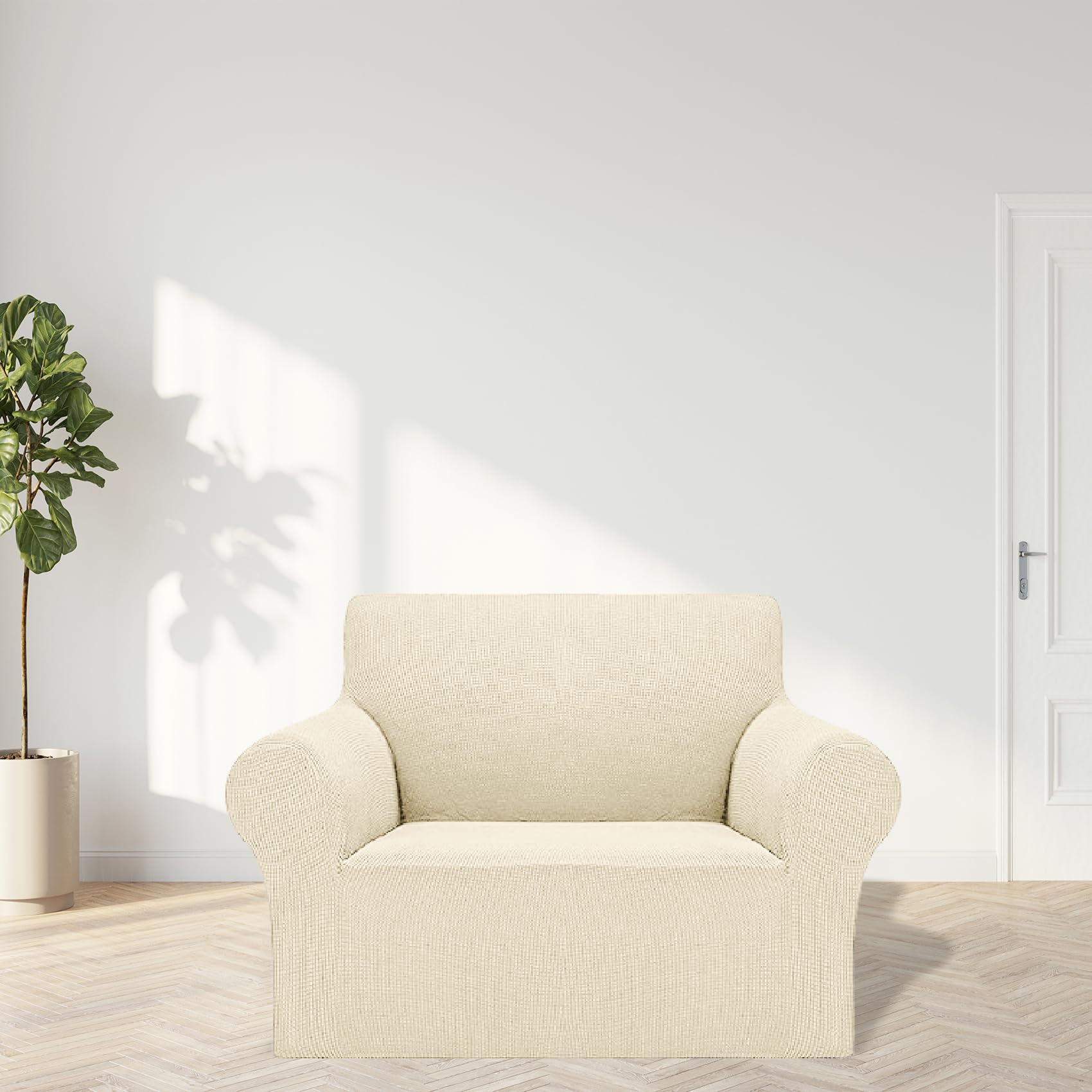 2025 New Stretch Chair Sofa Slipcovers Couch Cover For 1 Seater Furniture Protector Sofa Covers With Elastic Bottom Jacquard Fabric Small Checks For Pets, Kids - Beige