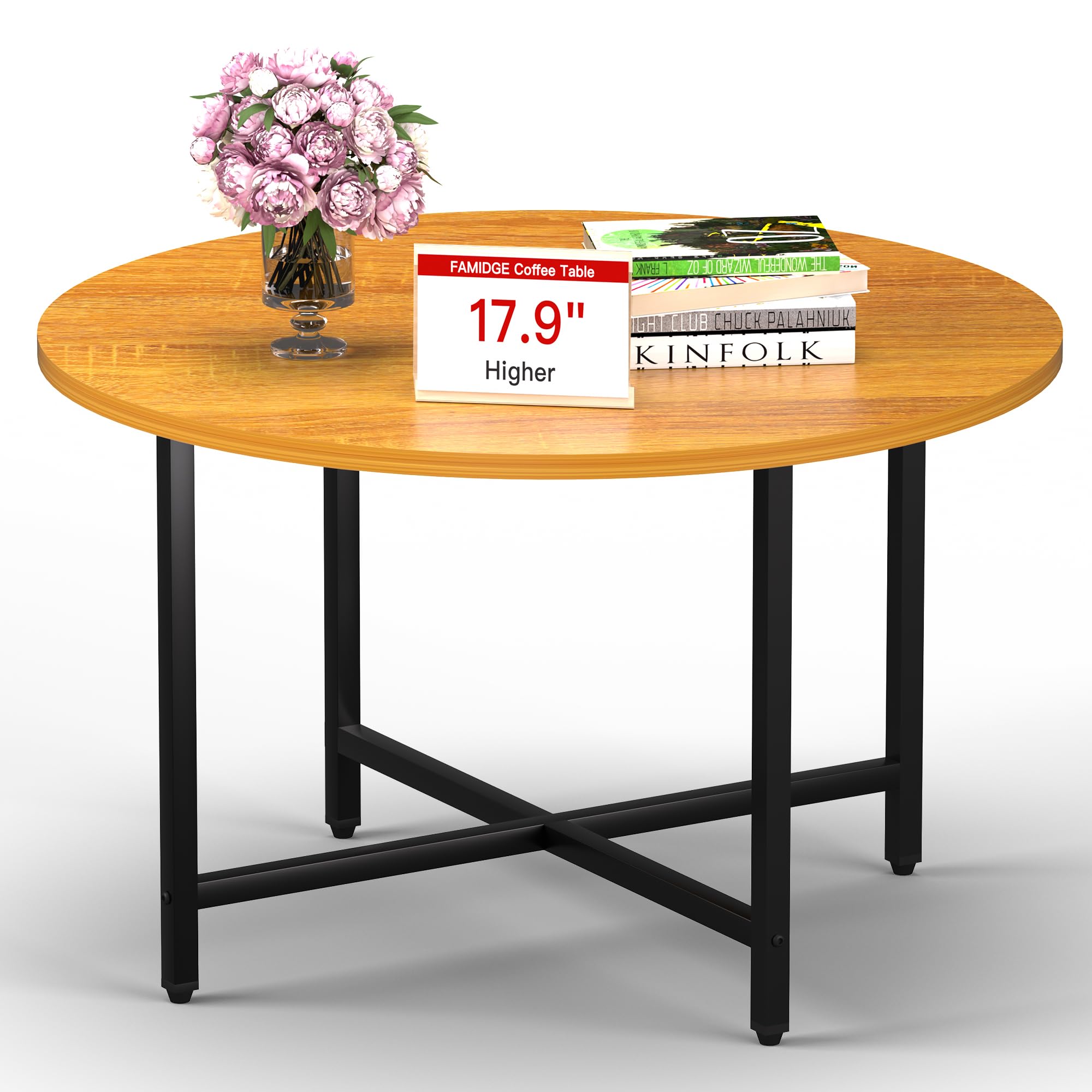 Famidge Round Coffee Table, Small Coffee Tables For Living Room, Wood Coffee Table With Metal Frame, Floor Table Desk For Sittin