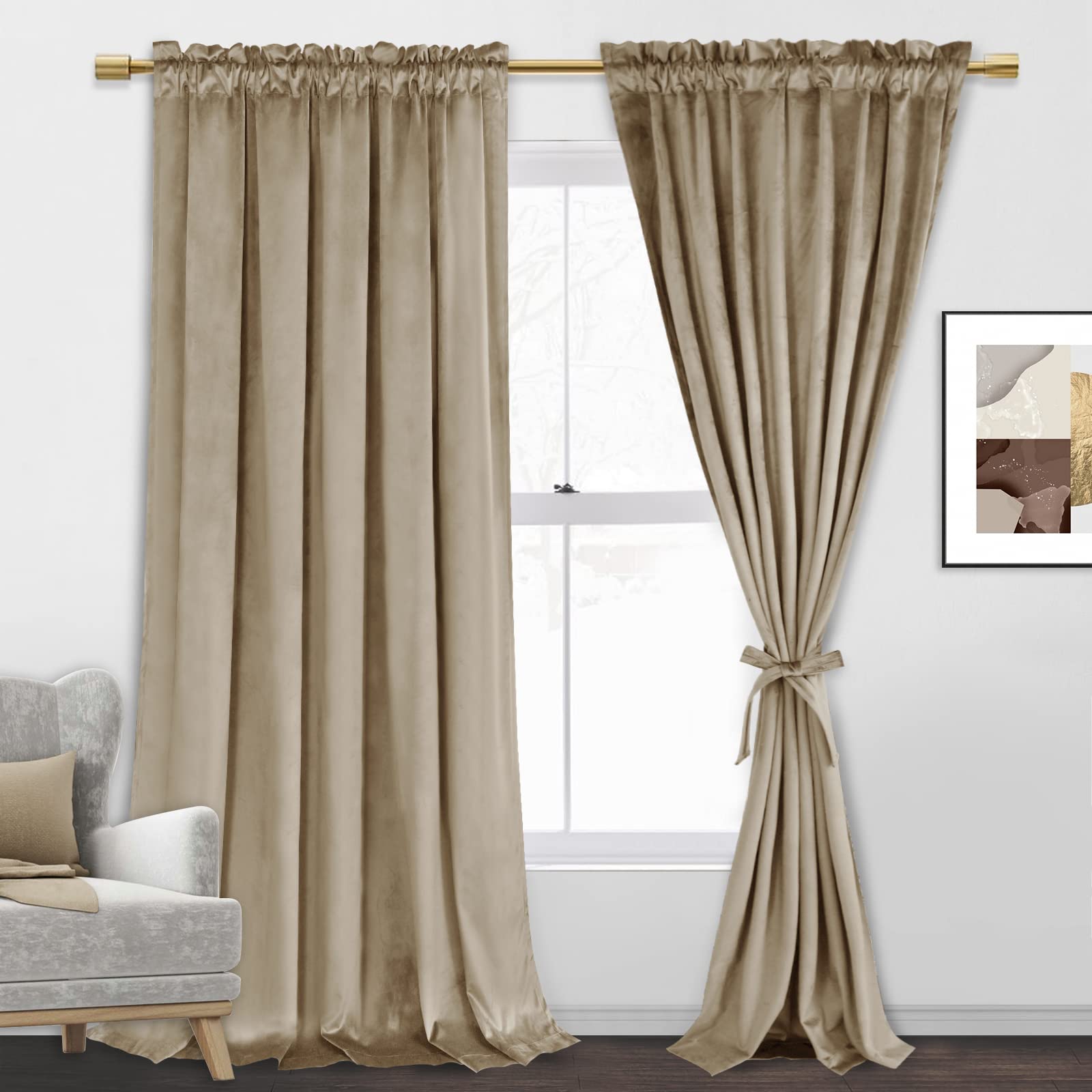 Jiuzhen Taupe Velvet Curtains 90 Inches For Living Room - Privacy Protect Room Darkening Rod Pocket Thick Velvet Window Drapes F