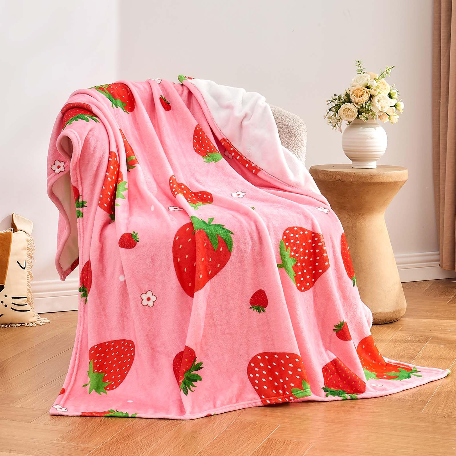 Wajade Kids Pink Strawberry Throw Blanket For Girls Teens Women Soft Fuzzy Flannel Bed Blanket For Kids Adults Plush Christmas B