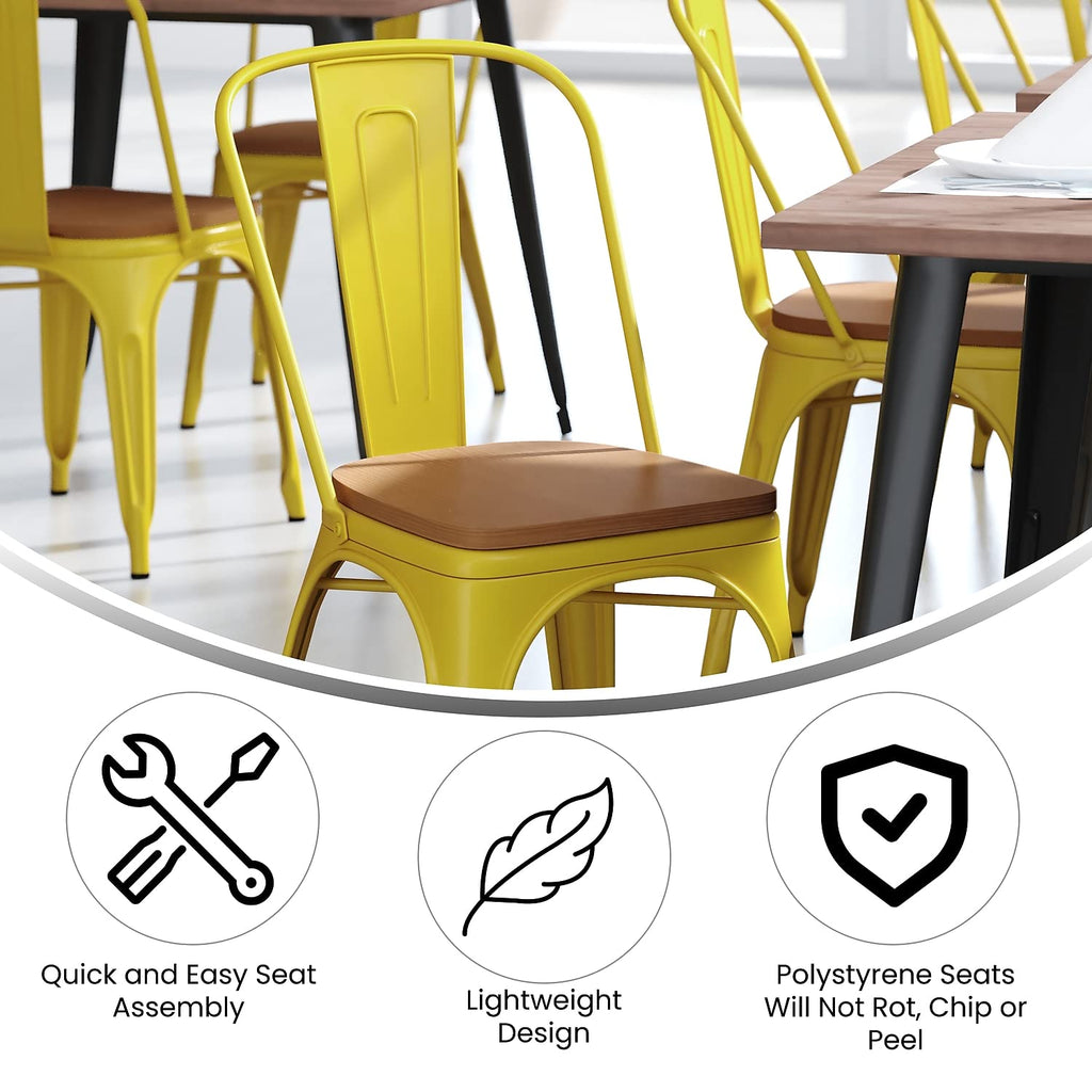 Flash Furniture Perry Indoor/Outdoor Commercial Stackable Chair with Polystyrene Seat - Yellow Metal Frame - Teak Poly Resin Seat - Rounded Seat Edges for Comfort