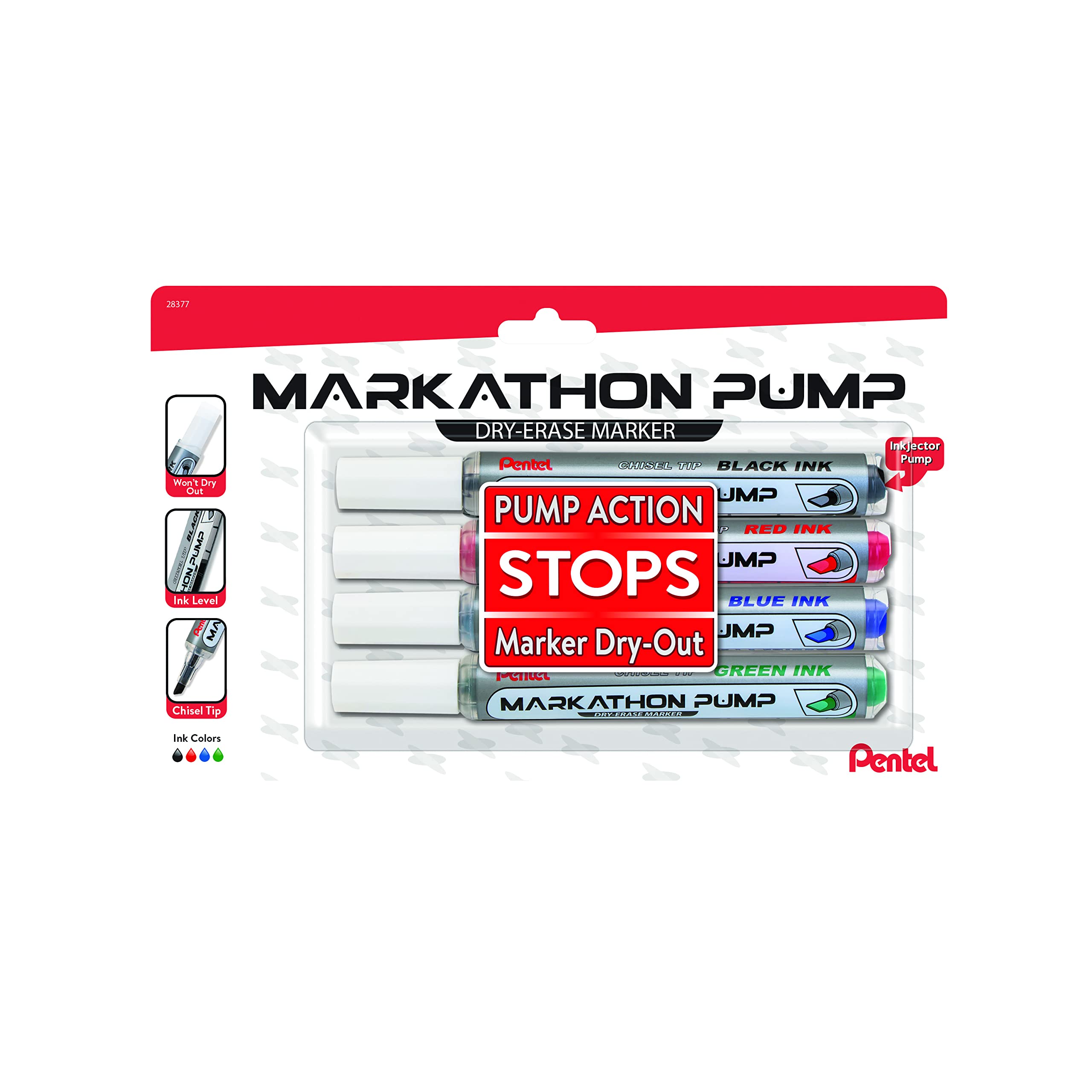 Pentel Markathon Pump Dry Erase Marker, Chisel Tip, Assorted Colors, 4 Pack (Mwl6Sxbp4M)