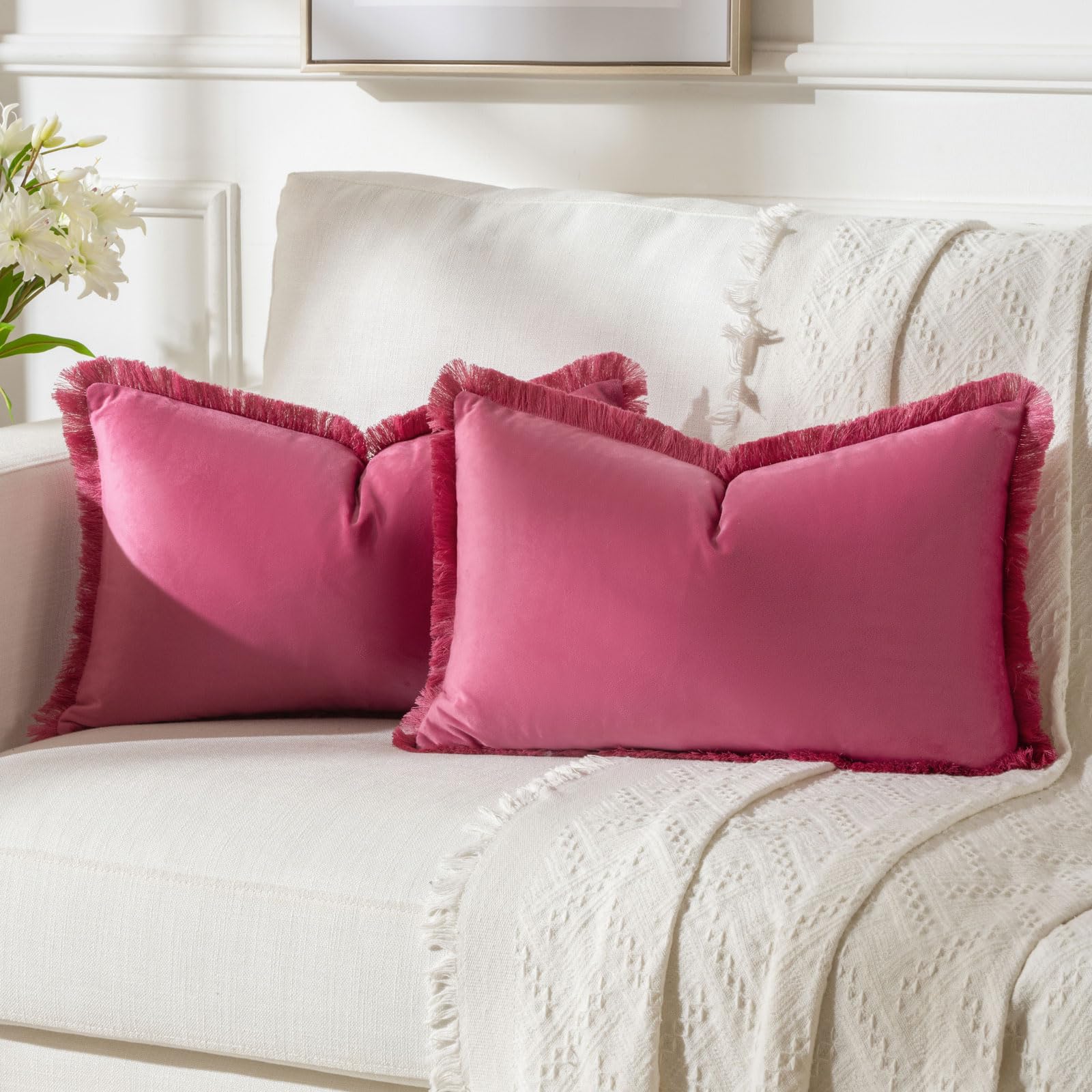 FUTEI Hot Pink Boho Throw Pillow Covers with Tassels 12x20 Inch Set of 2,Soft Velvet Lumbar Pillow Cases,Home Decor for Couch Li