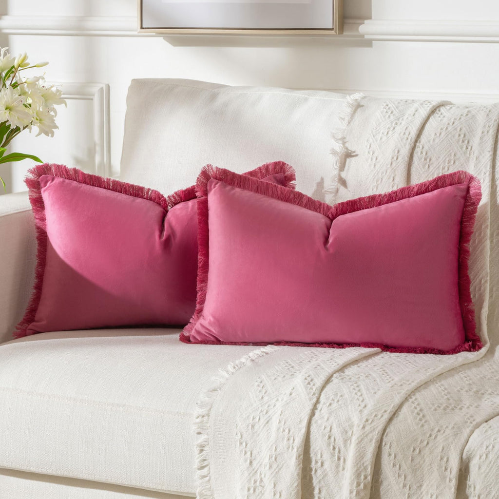 FUTEI Hot Pink Boho Throw Pillow Covers with Tassels 12x20 Inch Set of 2,Soft Velvet Lumbar Pillow Cases,Home Decor for Couch Li