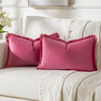 FUTEI Hot Pink Boho Throw Pillow Covers with Tassels 12x20 Inch Set of 2,Soft Velvet Lumbar Pillow Cases,Home Decor for Couch Li