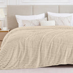 Bedelite Full Size Throw Blanket For Bed - 300Gsm Soft & Warm Fluffy Beige Blanket, Decorative And Giftable Striped Blankets For