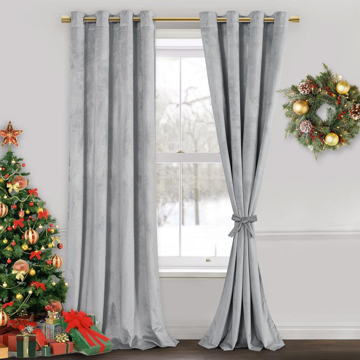 Jiuzhen Silver Grey Velvet Curtains 108 Inch Long-Soft Retro Velvet Blackout Thermal Insulated & Noise Reducing Grommet Curtains