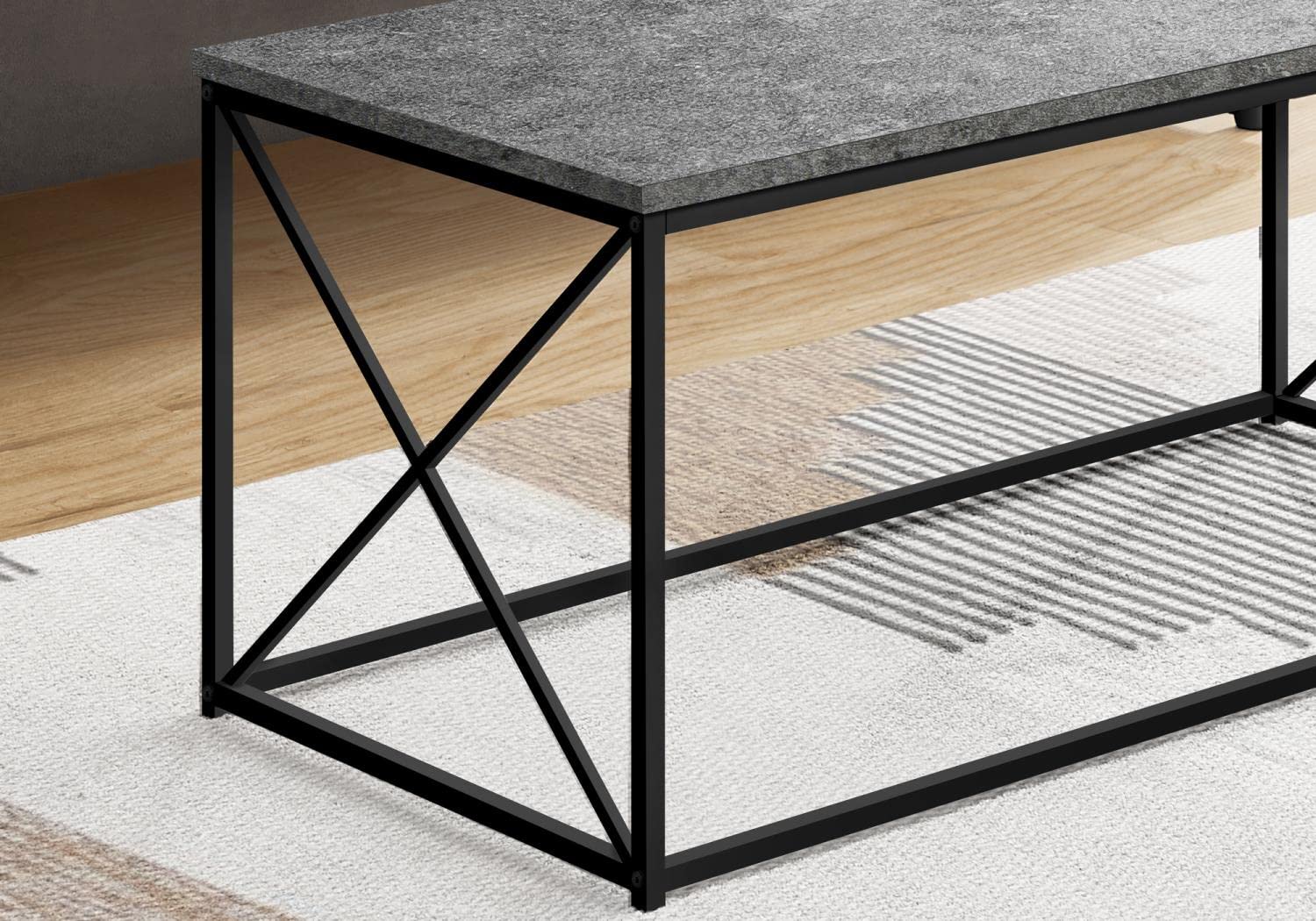 Monarch Specialties 3785 Coffee Table, Accent, Cocktail, Rectangular, Living Room, 40&quot; L, Metal, Laminate, Contemporary, Modern Table-40 L/Grey Stone-Look/Black, 40.5&quot; L x 20&quot; W x 18&quot; H