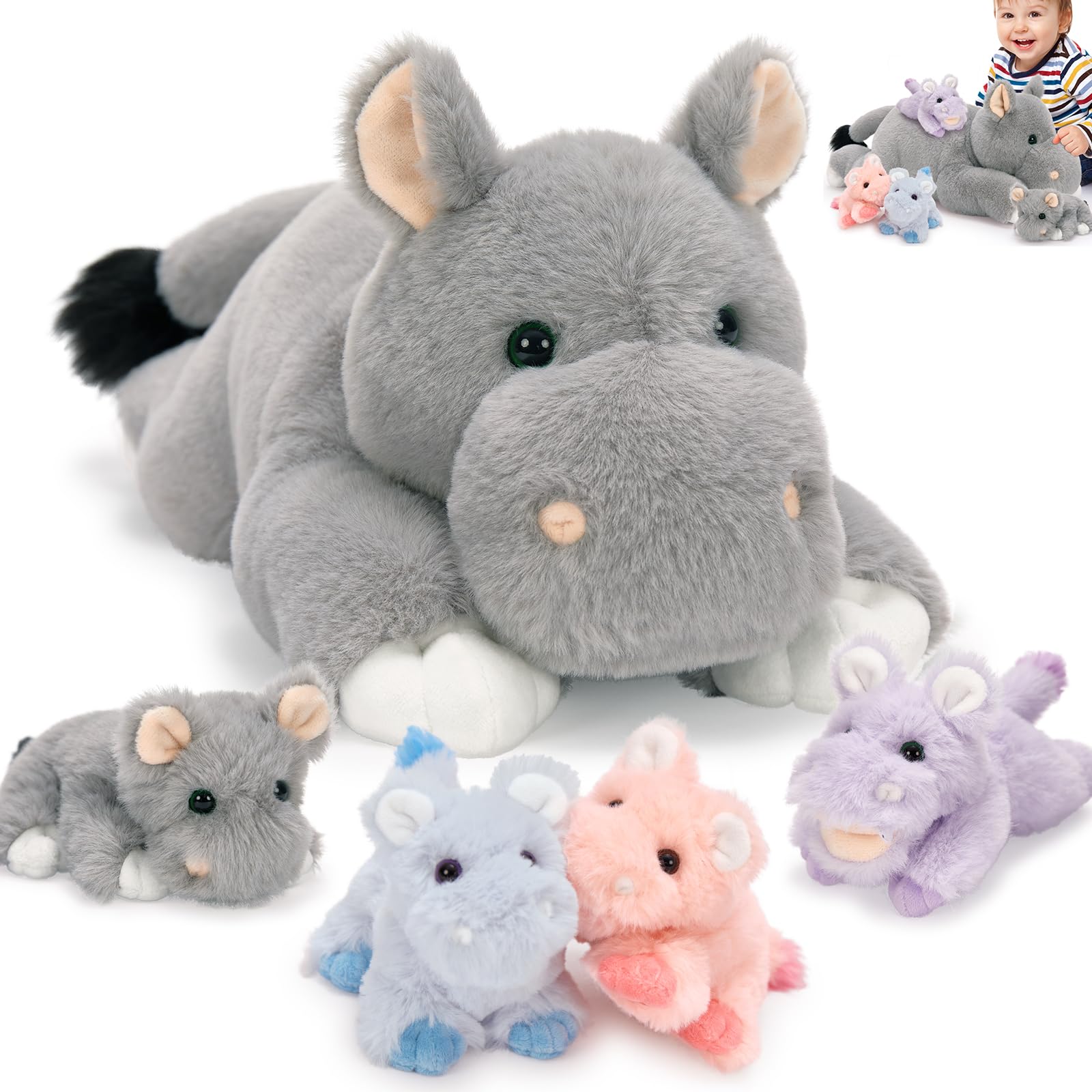 Tezituor Hippo Stuffed Animals Set, 16'Soft Mommy Hippo Plush With Baby Hippo Toys For Girl Boy, 5Pcs Stuffed Hippo Gift For Ki