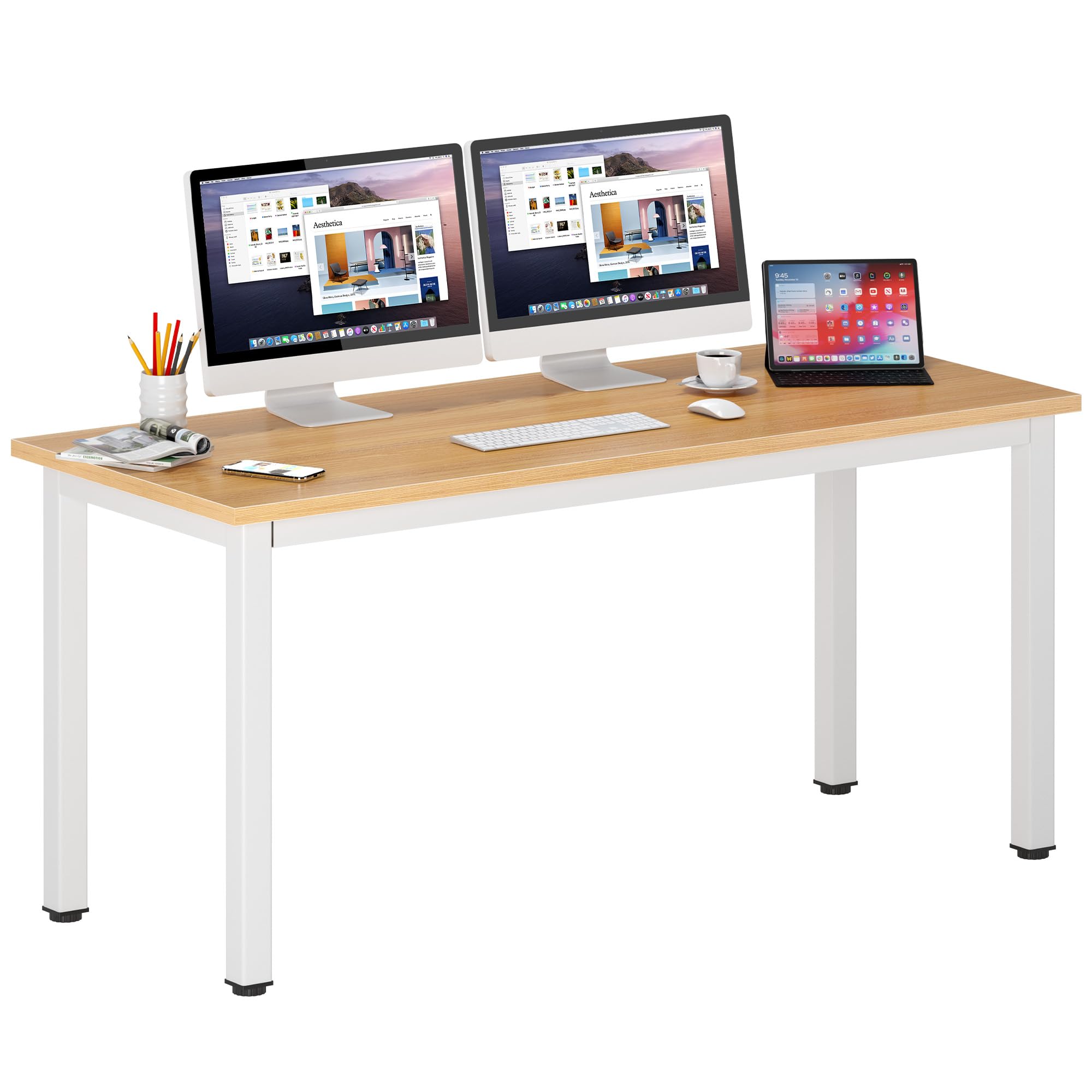 Dlandhome 63 Inches X-Large Computer Desk, Composite Wood Board, Decent And Steady Home Office Desk/Workstation/Table, Bs1-160Tw Teak And White Legs, 1 Pack