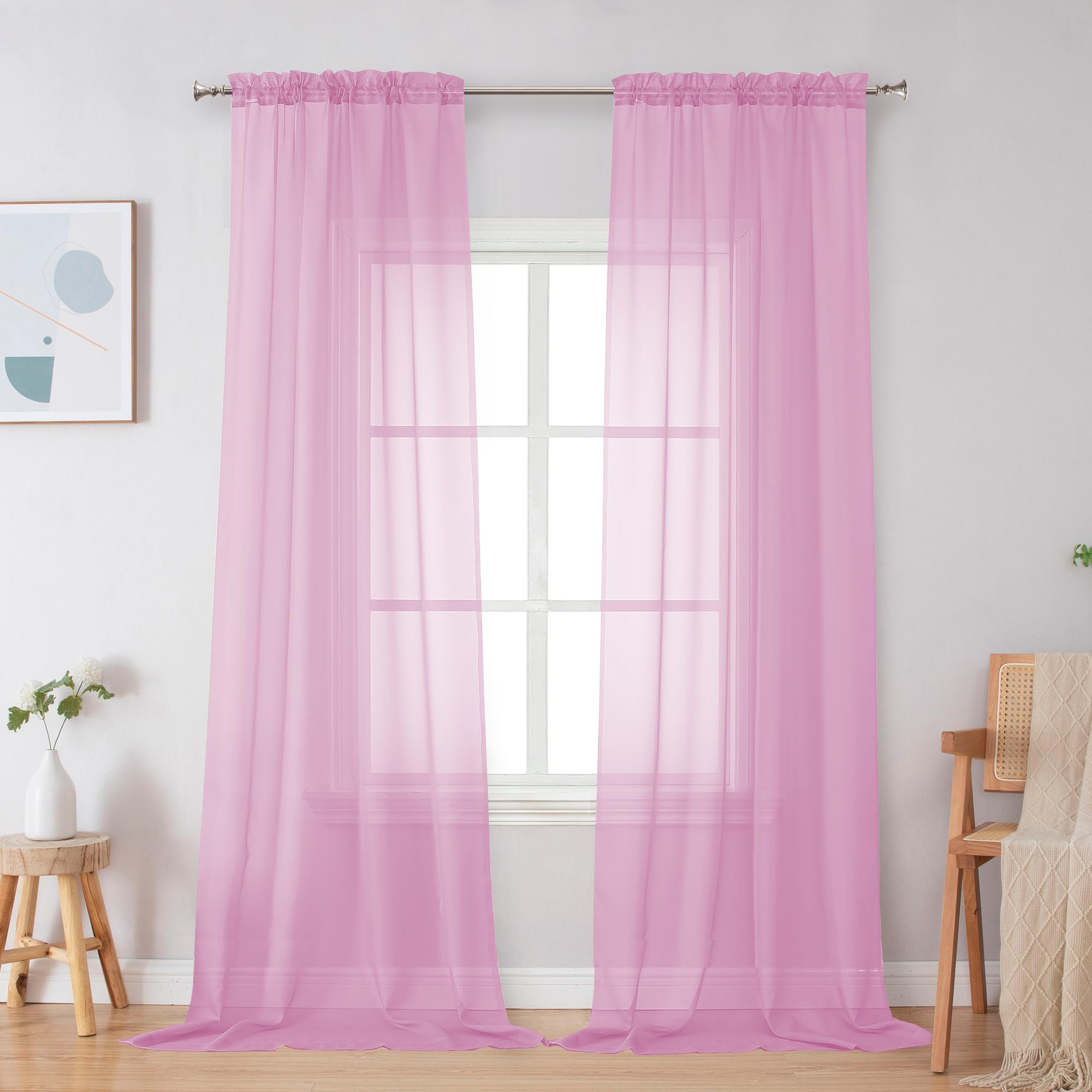 Simplebrand Pink Sheer Curtains 96 Inches Long, Light Filtering Rod Pocket Solid Color Window Sheer Curtain Panels, Elegant Curt