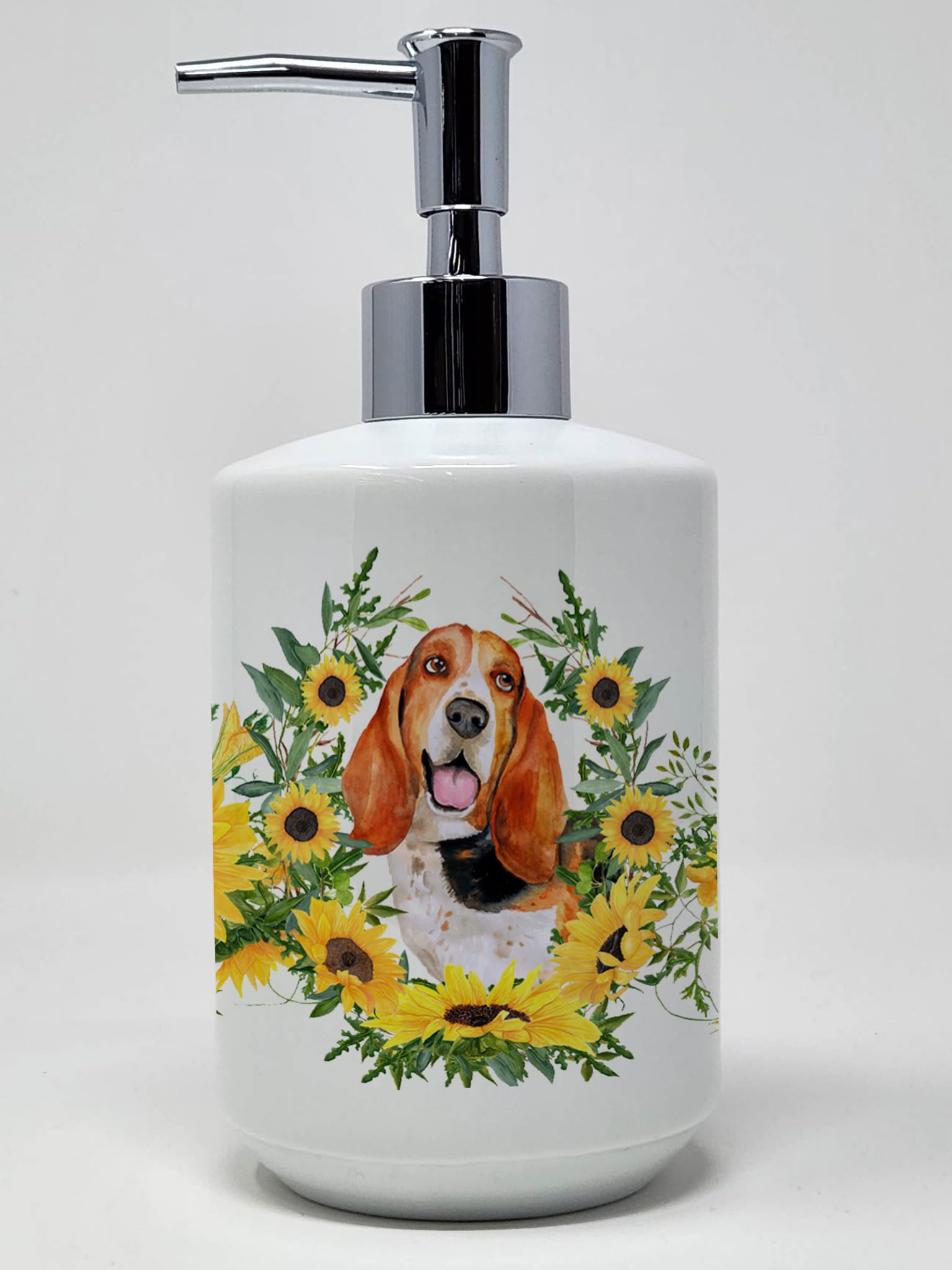 Caroline's Treasures CK2896SOAP Basset Hound in Sunflowers Ceramic Soap Dispenser Hand Soap Dispenser Pump Bottles for Bathroom 