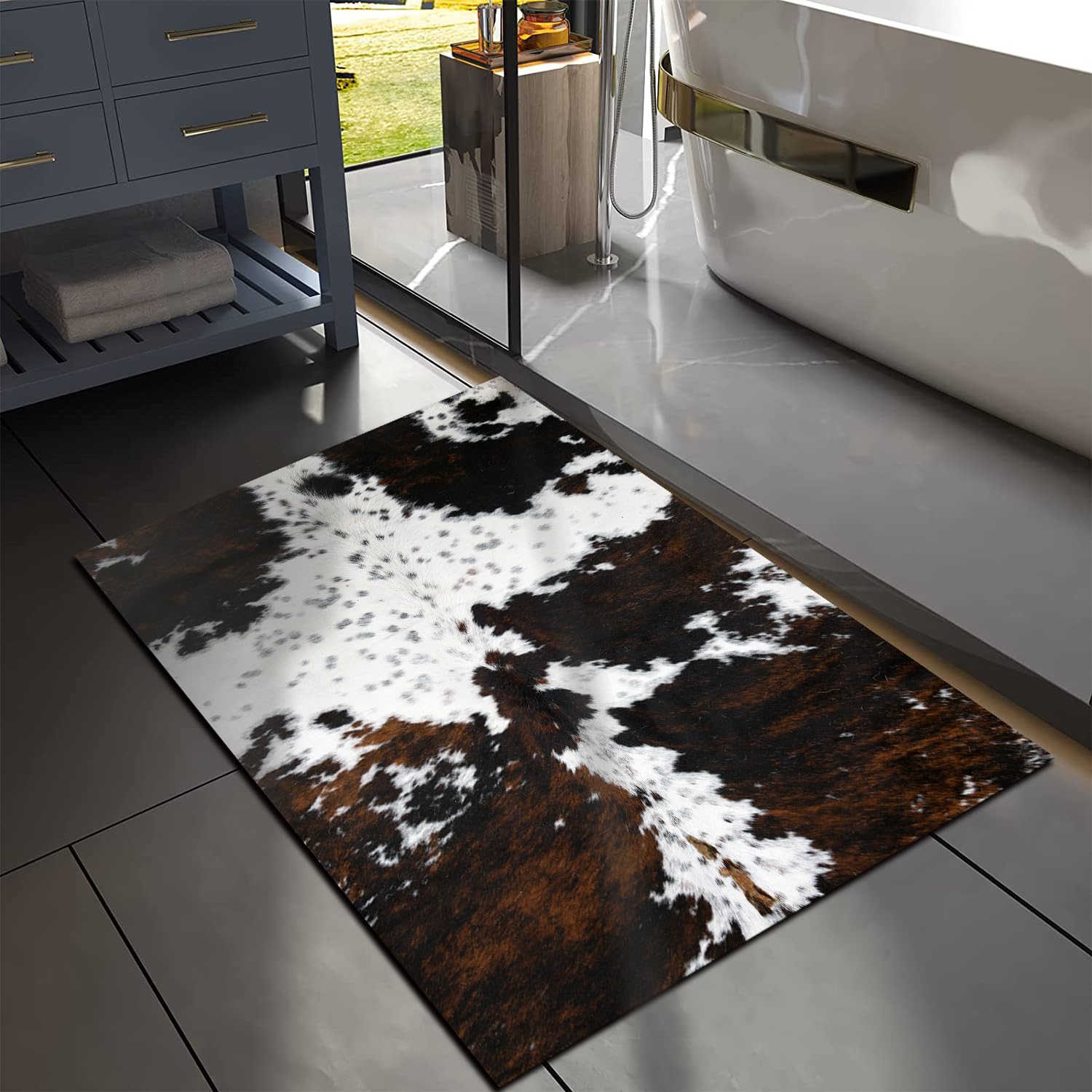 MUGINYU Cow Skin Quick Dry Bath Mat, Western Bathroom Home Decor Farmhouse Absorbent Non-Slip Bathroom Rugs Thin fit Under Door 