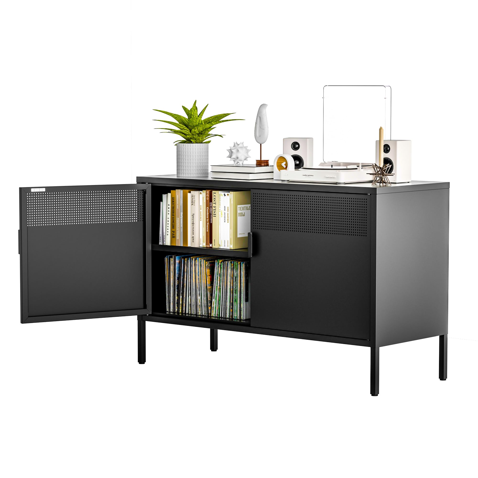 Ustamio Black Wide Metal Locker Storage Cabinet, 2 Door Metal Accent Cabinet For Home And Office, 2 Tier Low Metal Cabinet With