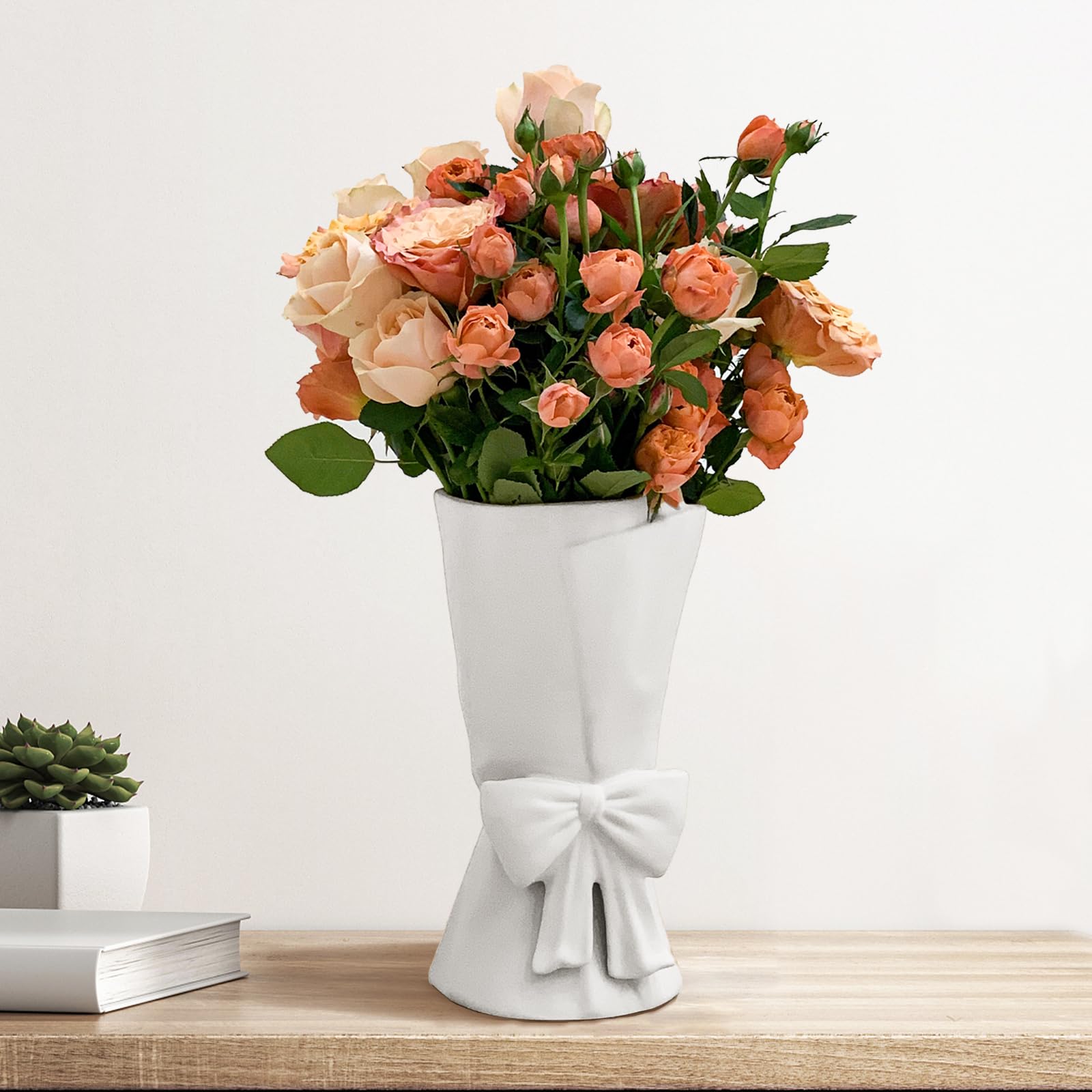 White Ceramic Vase for Home Decor 9.64 Large Flower Vase for Bouquet Modern Cute Bow Decorative Vase for Dried Flowers Tulips 