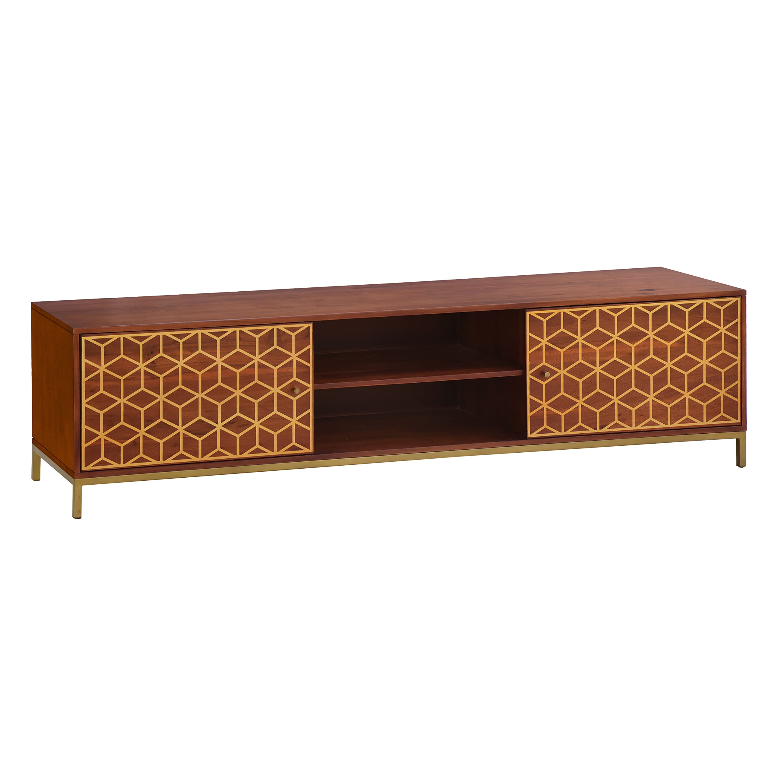 The Urban Port Kalyn 75-Inch Handcrafted TV Media Console Entertainment, 2 Doors, Center Shelf, Geometric Design Print, Acacia W