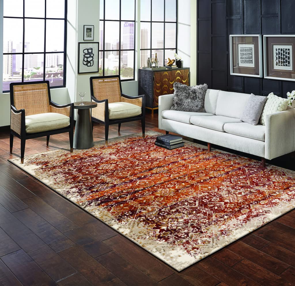 HomeRoots Ivory/Rust Heat-Set Polypropelene 5’ x 8’ Rust Ivory Distressed Diamonds Area Rug