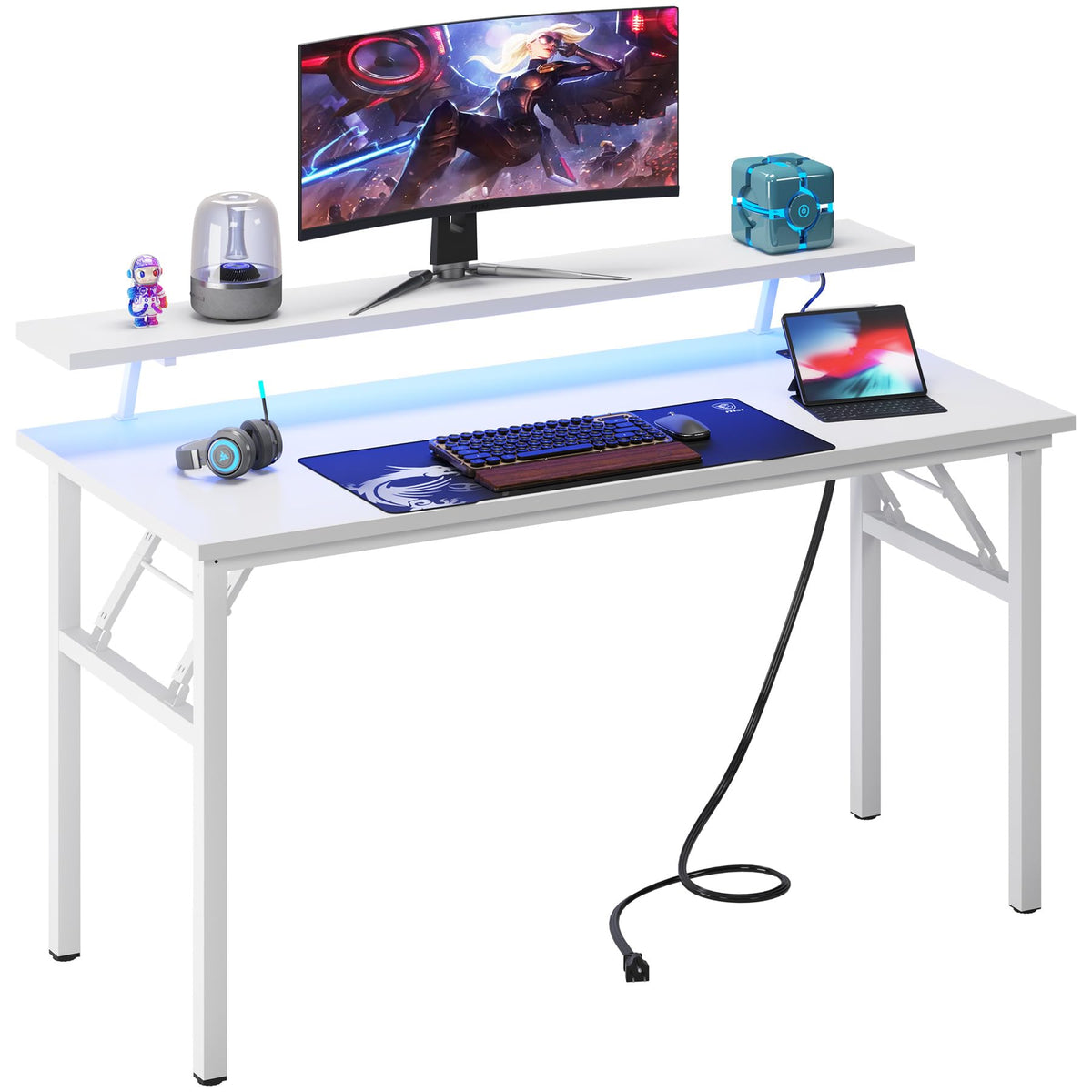 DlandHome Computer Desk 47 with LED Lights & Power Outlets,Folding Desk with Monitor Stand, Writing Desk Home Office Desk, Fully